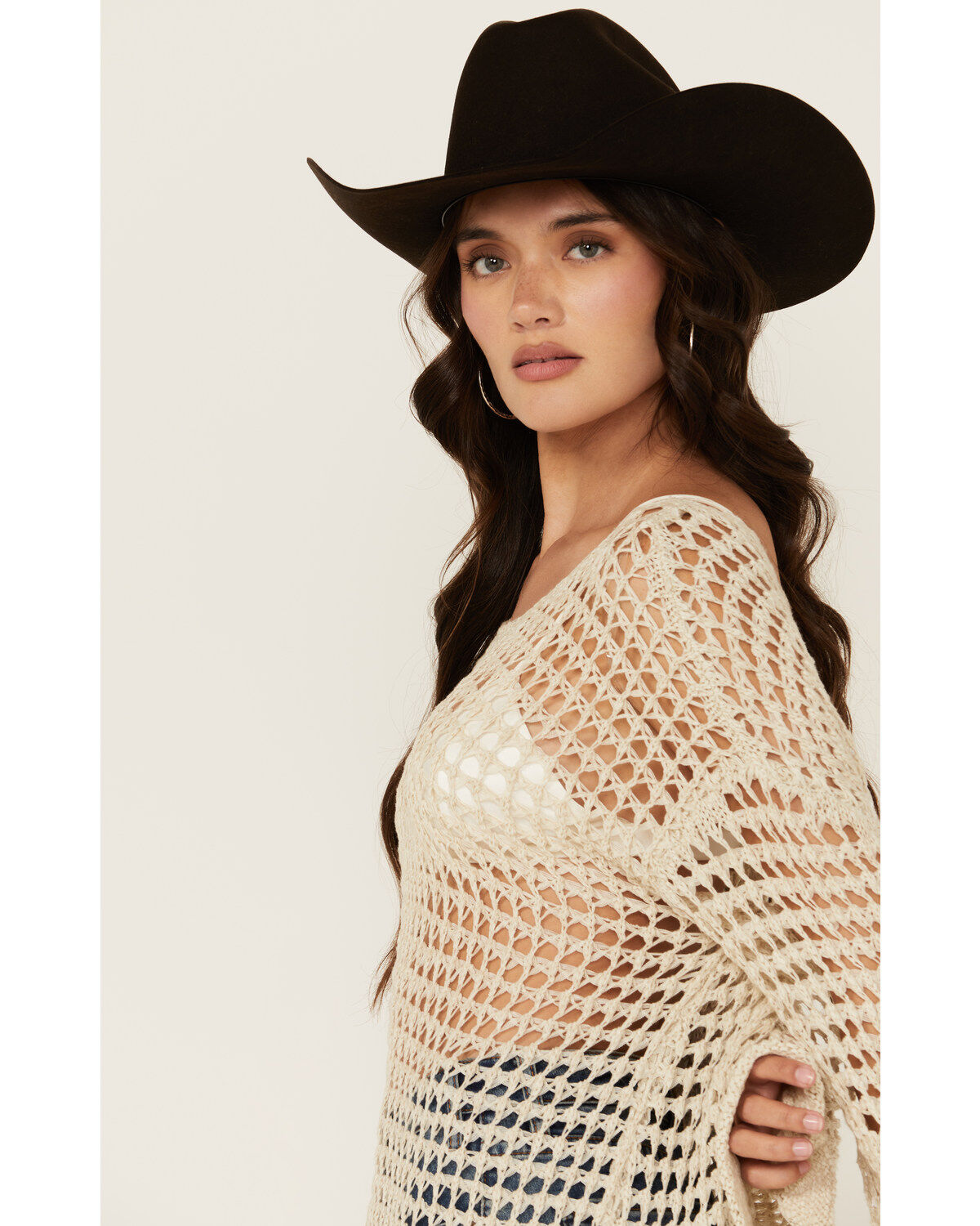 POL Women's Open Crochet Long Sleeve Sweater