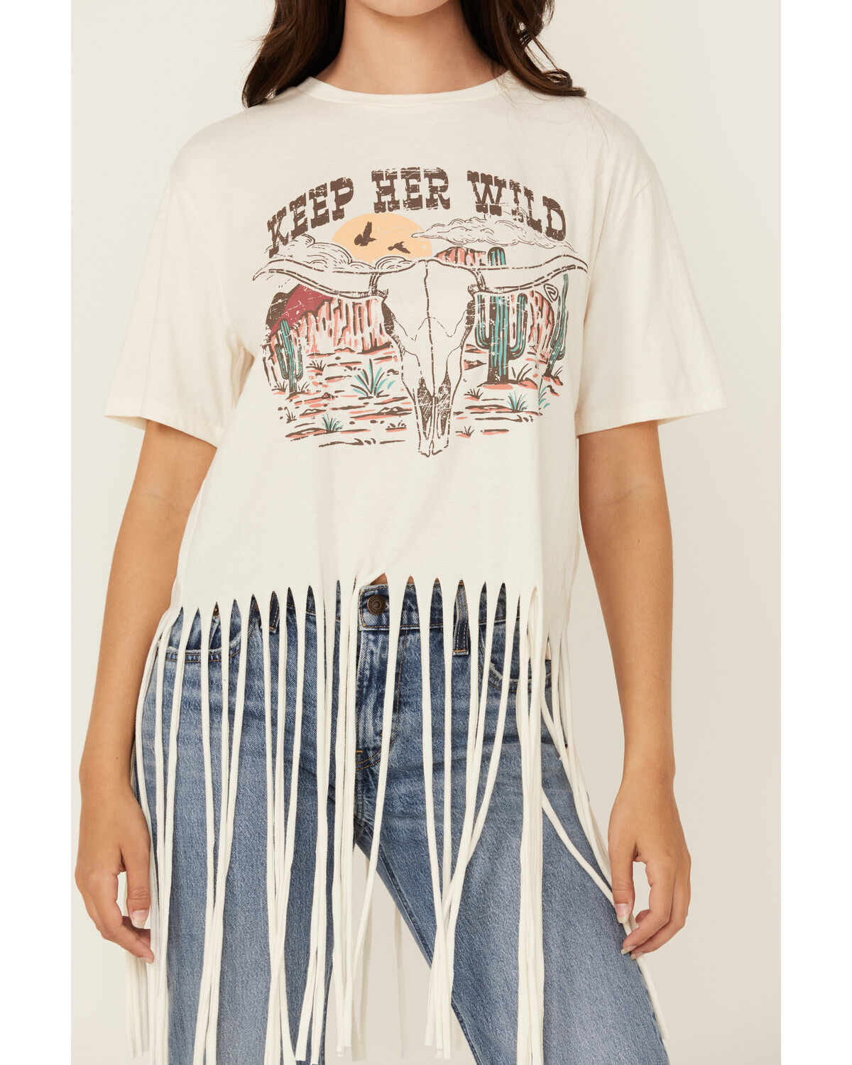 Rock & Roll Denim Women's Keep Her Wild Short Sleeve Fringe Graphic Tee