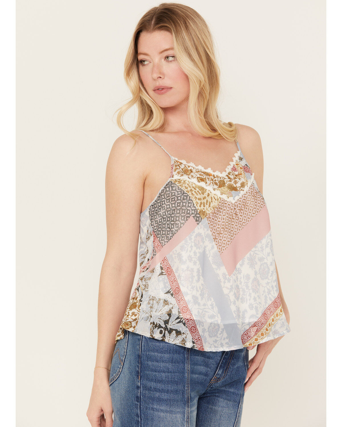 Wild Moss Women's Patchwork Print Crochet Trim Top