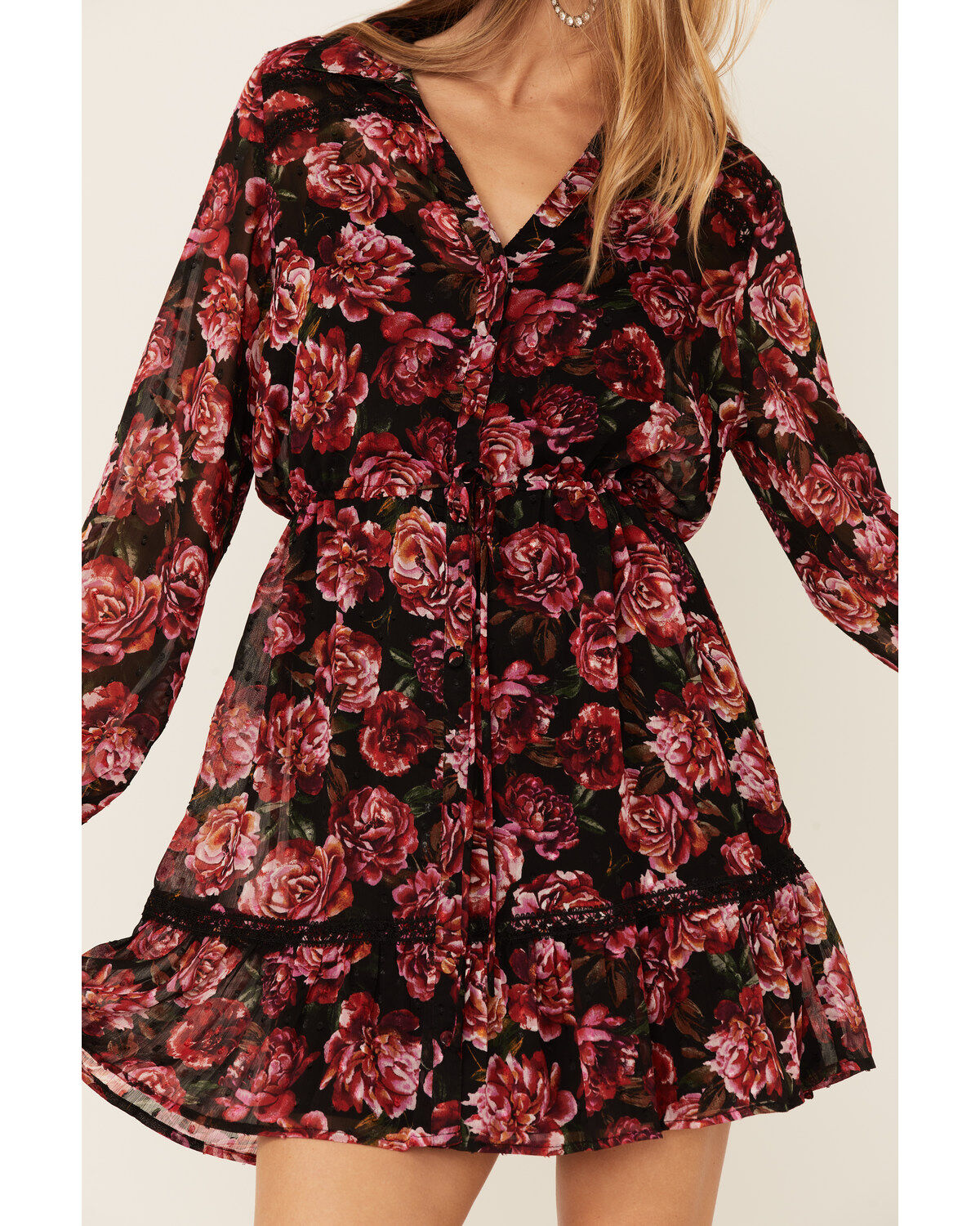 Lovestitch Women's Magenta Floral Floral Lace Trim Mini Dress