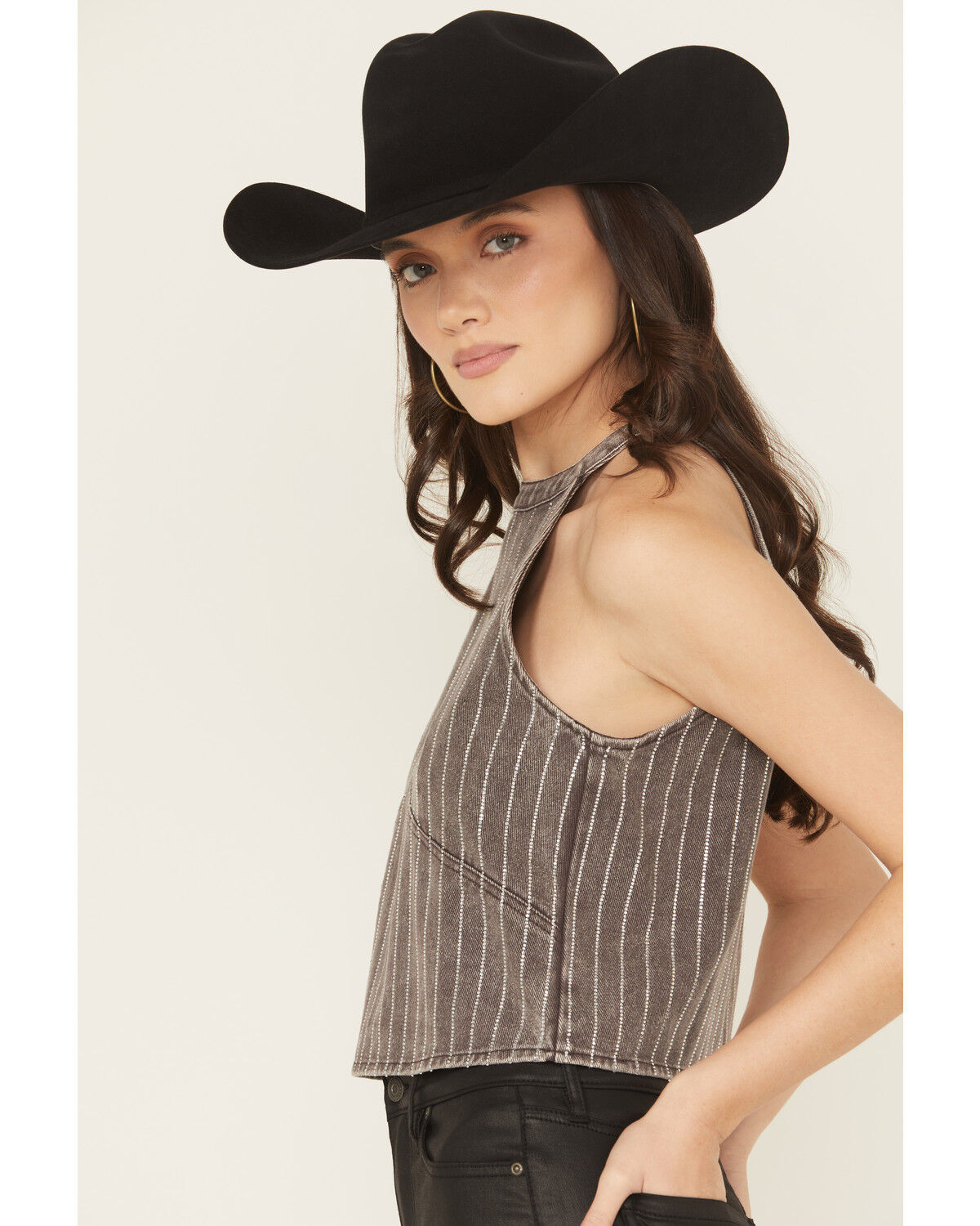 Blue B Women's Sleeveless Rhinestone Striped Halter Denim Top