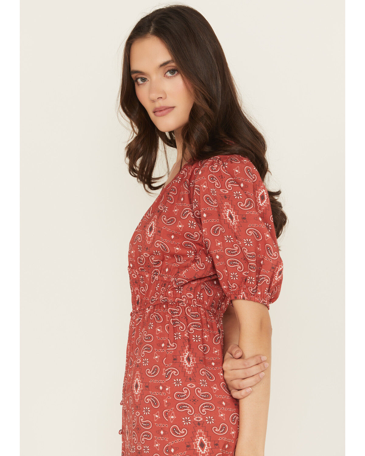 Panhandle Women's Paisley Print Puff Sleeve Midi Dress
