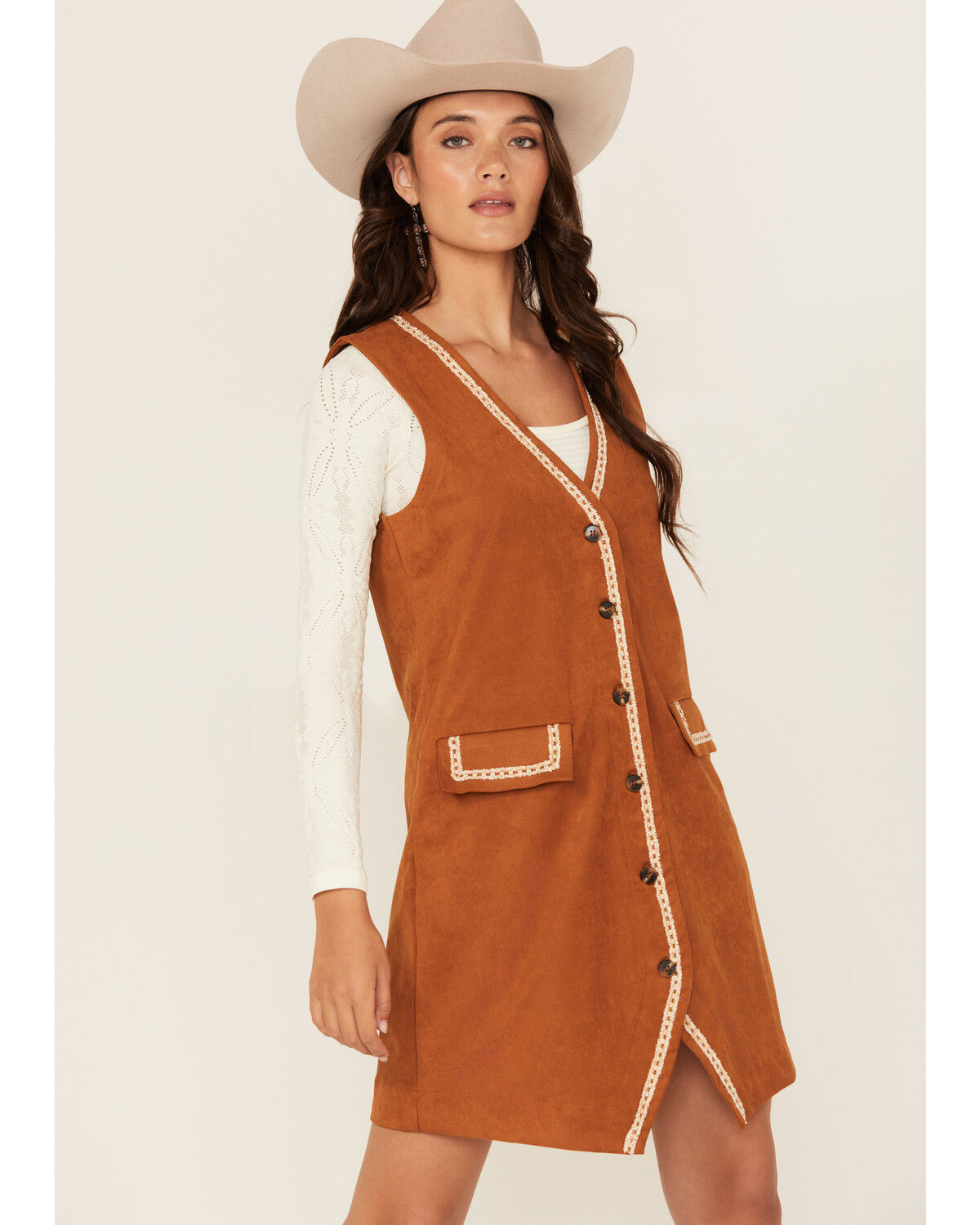 Miss Me Women's Embroidered Faux Suede Sleeveless Button-Down Mini Dress