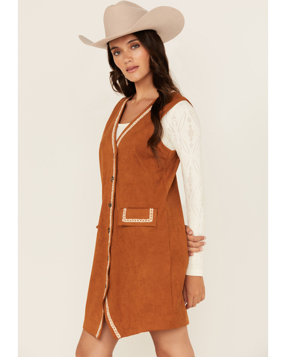 Miss Me Women's Embroidered Faux Suede Sleeveless Button-Down Mini Dress