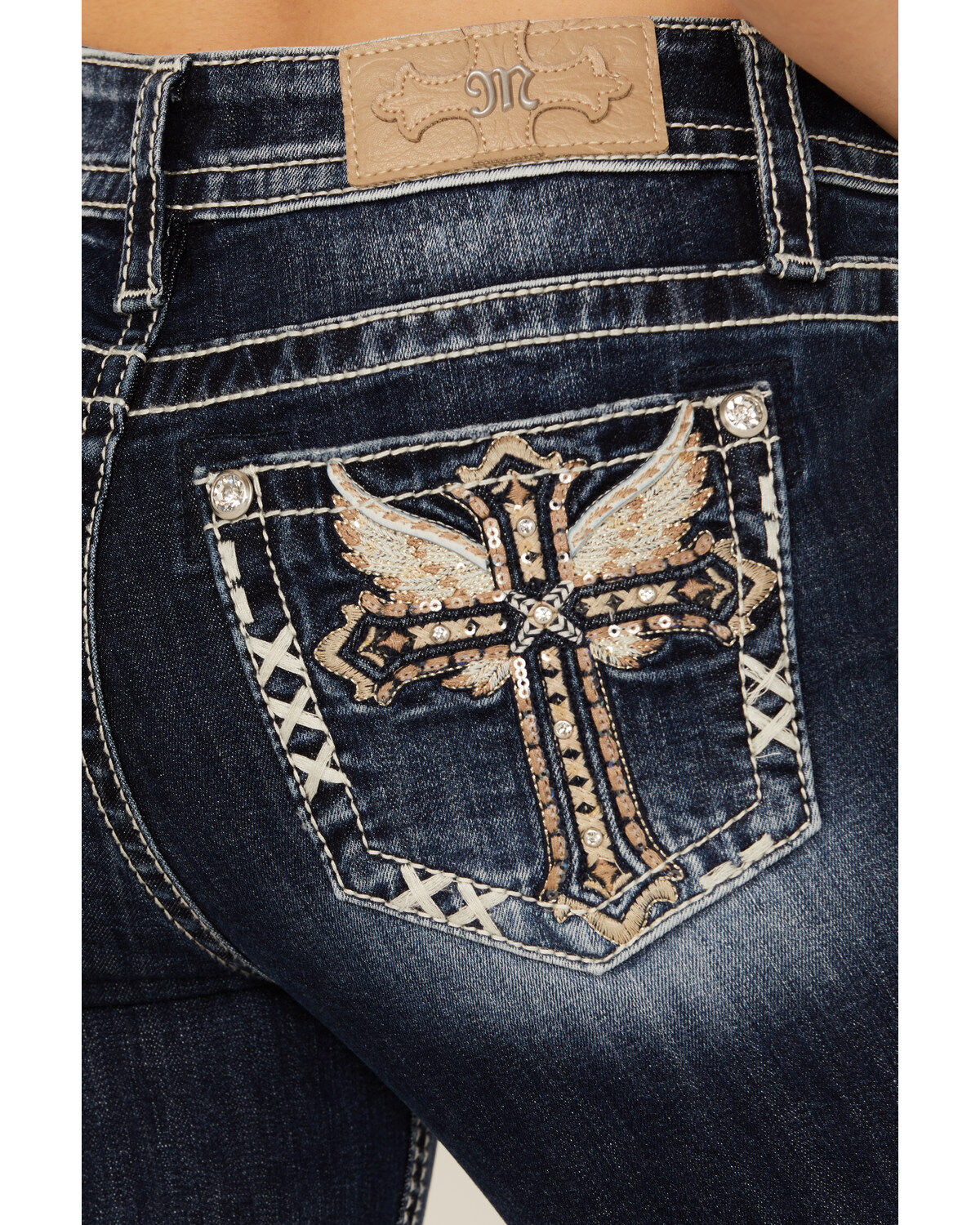 Miss Me Women's Dark Wash Mid Rise Angel Wing Cross Pocket Bootcut Stretch Denim Jeans