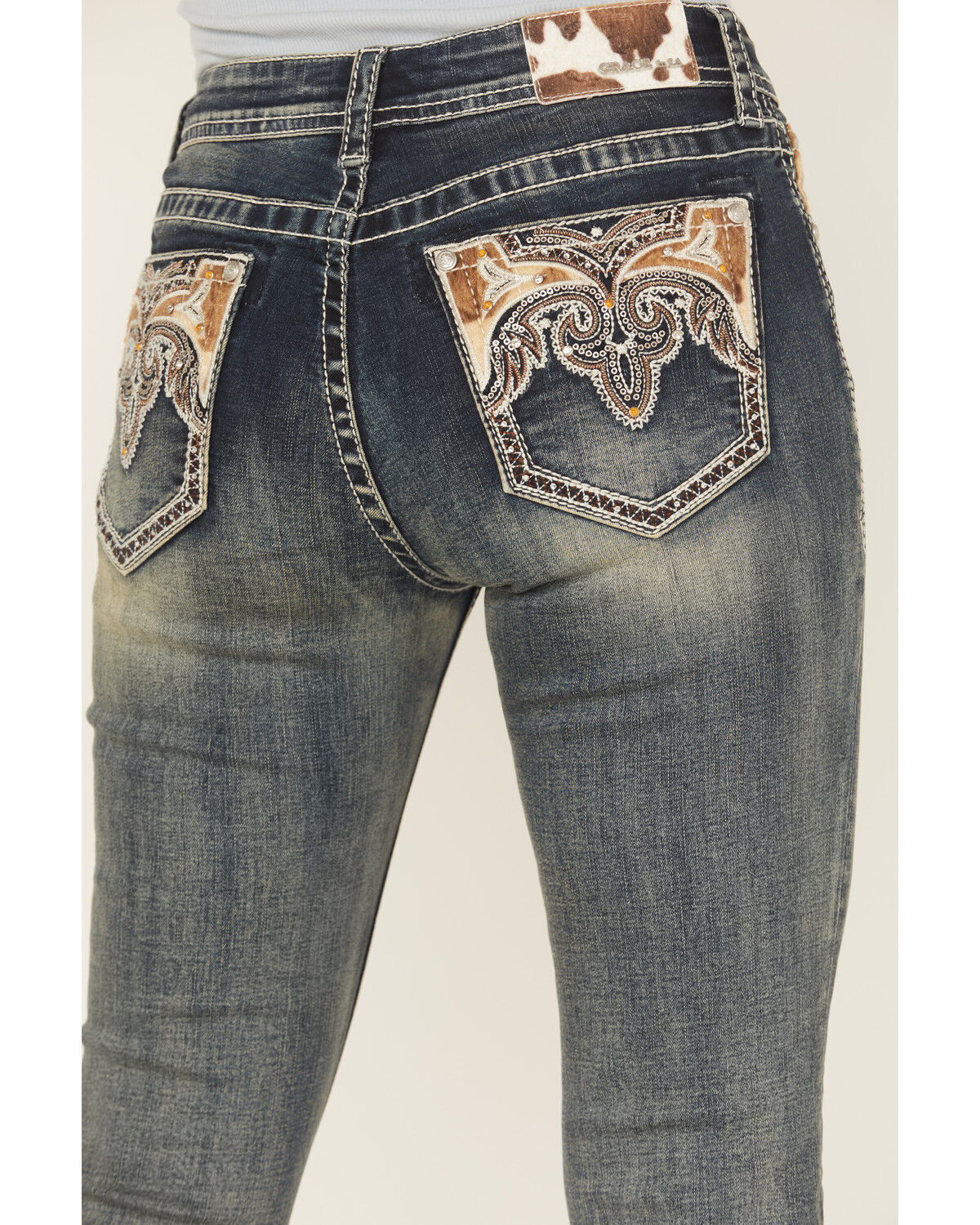 Grace In LA Women's Medium Wash Mid Rise Hairon Bootcut Stretch Denim Jeans