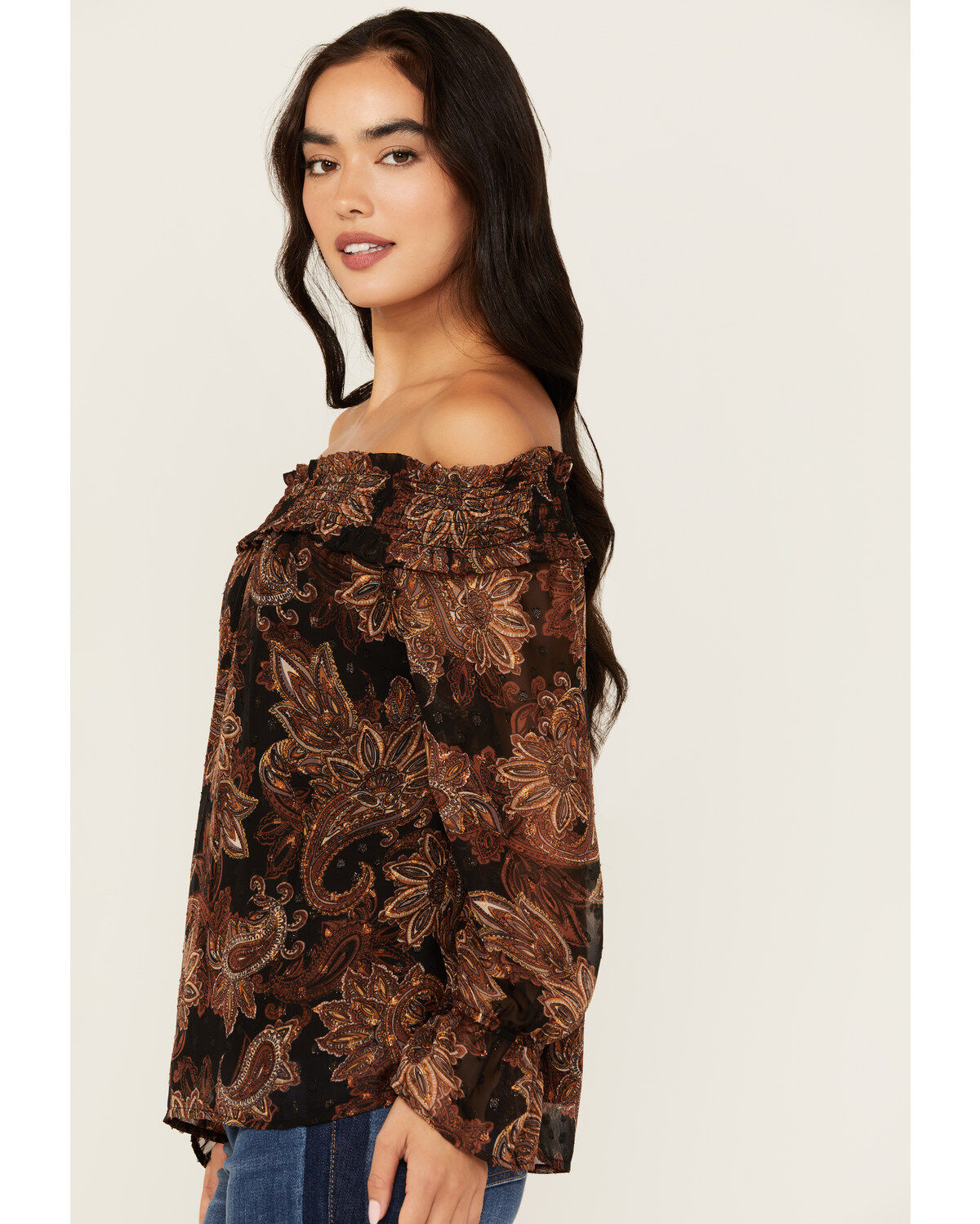 Wild Moss Women's Floral Pais Off The Shoulder Long Sleeve Top