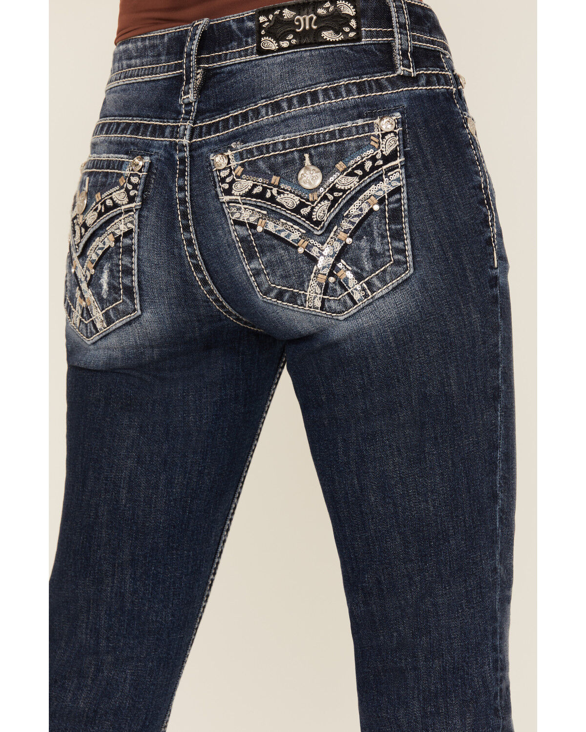 Miss Me Women's Dark Wash Mid Rise Paisley Pocket Bootcut Stretch Denim Jeans