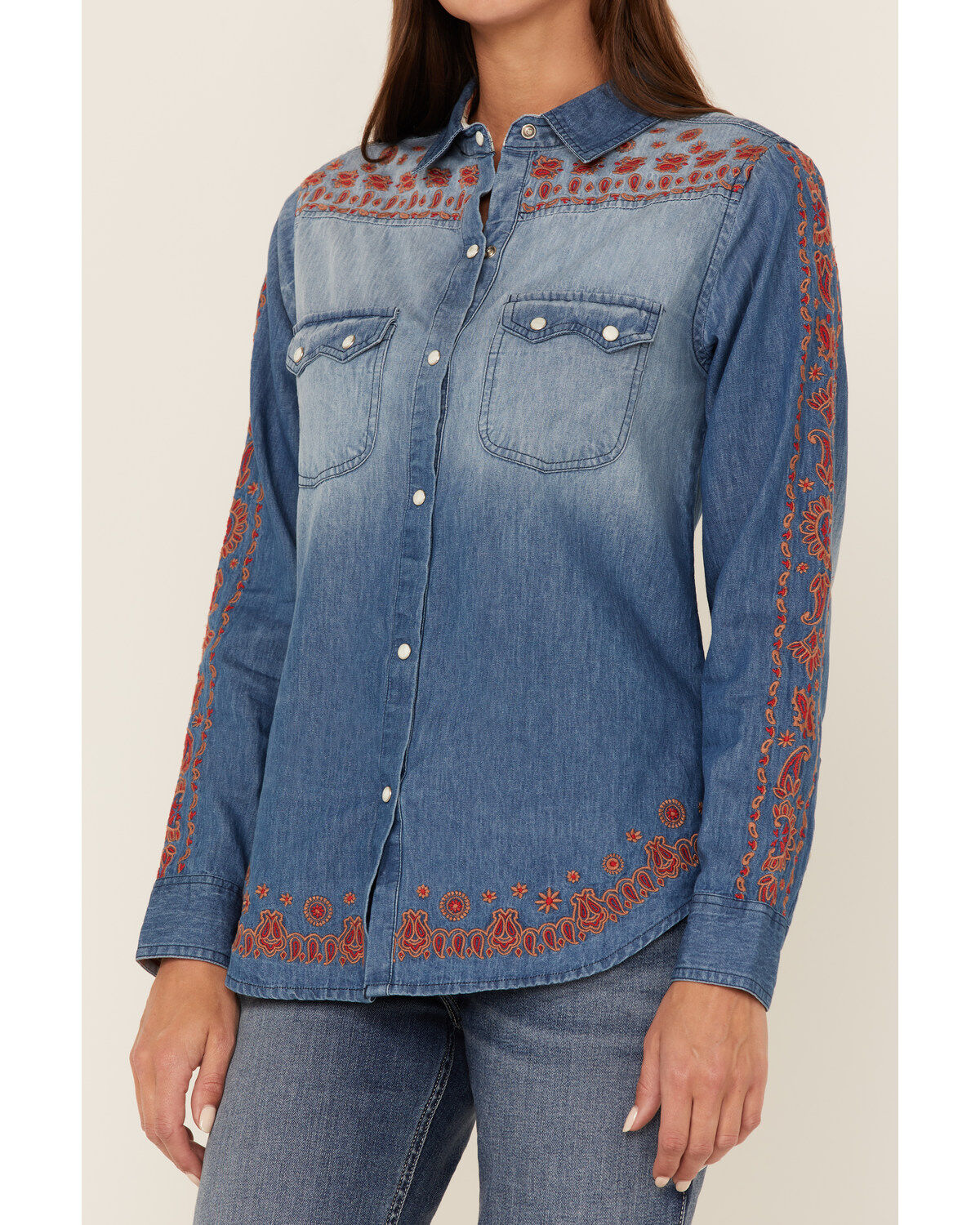 Tasha Polizzi Women's Embroidered Paisley Denim Long Sleeve Shirt