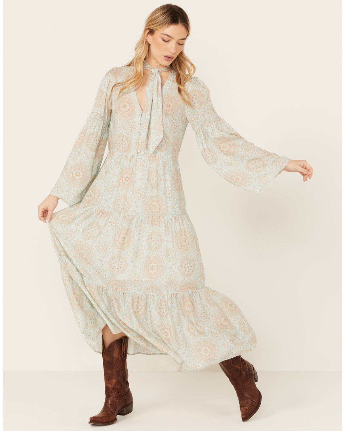 Stetson Women's Geo Print Long Sleeve Midi Dress