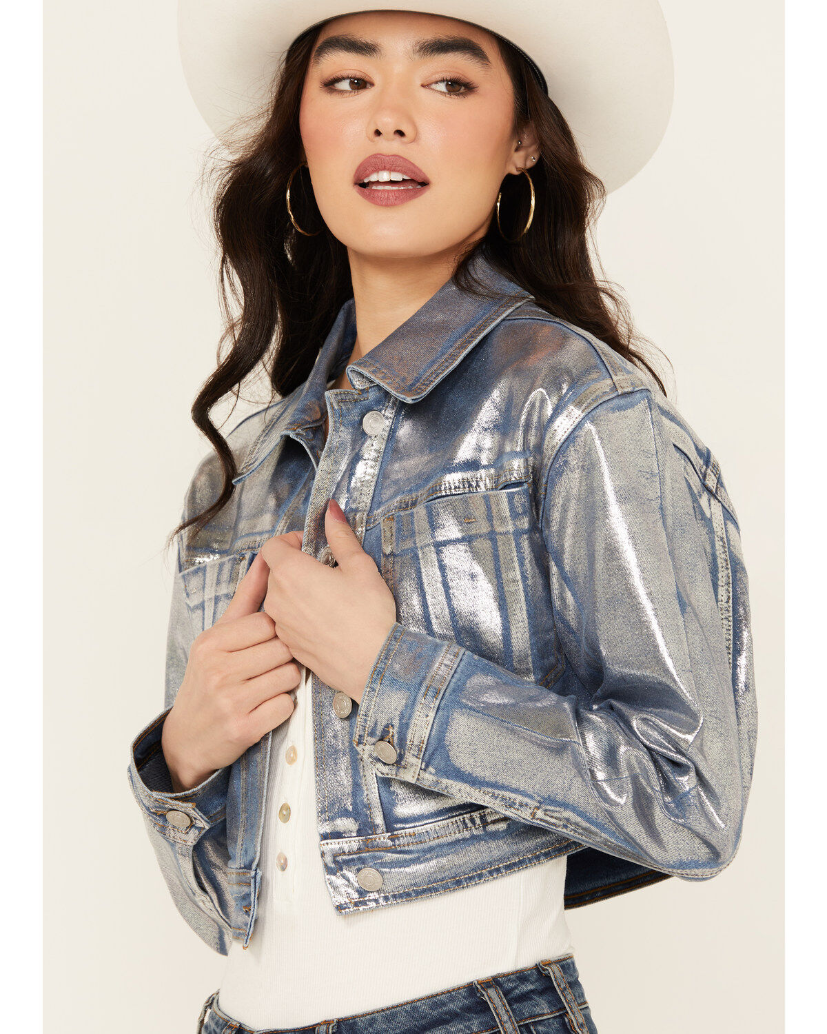 Vibrant Denim Women's Metallic Cropped Denim Jacket