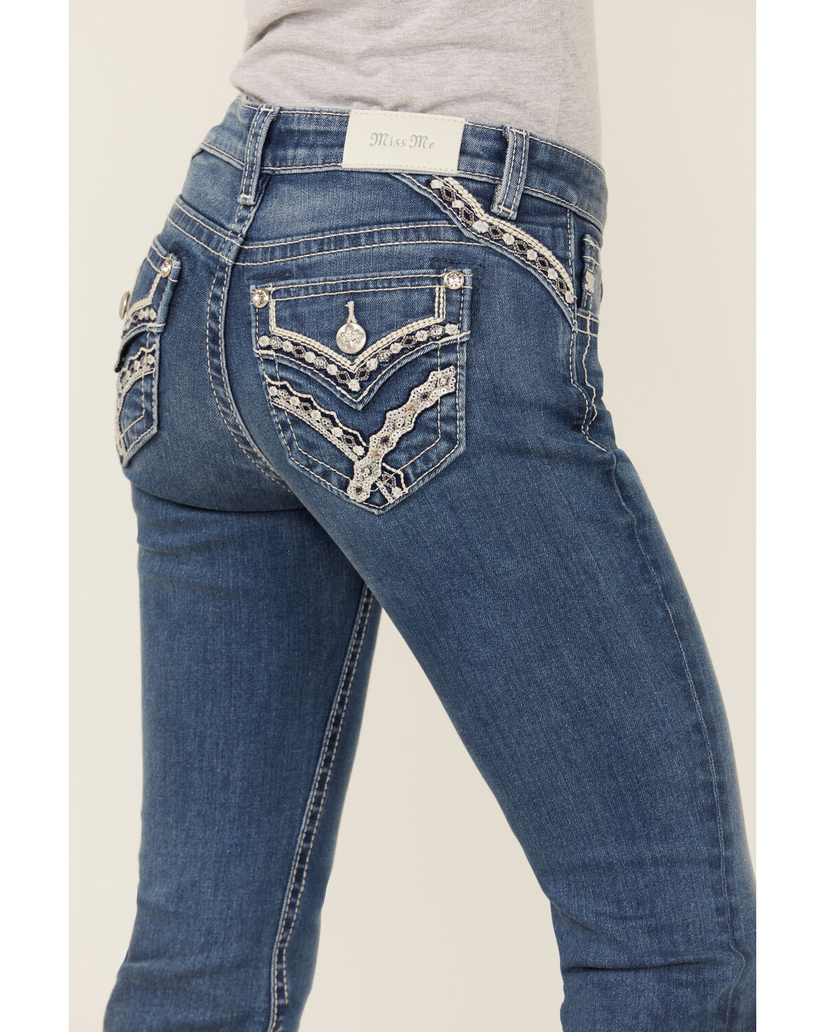 Miss Me Girls' Medium Wash Crisscross Faux Flap Pocket Bootcut Stretch Denim Jeans