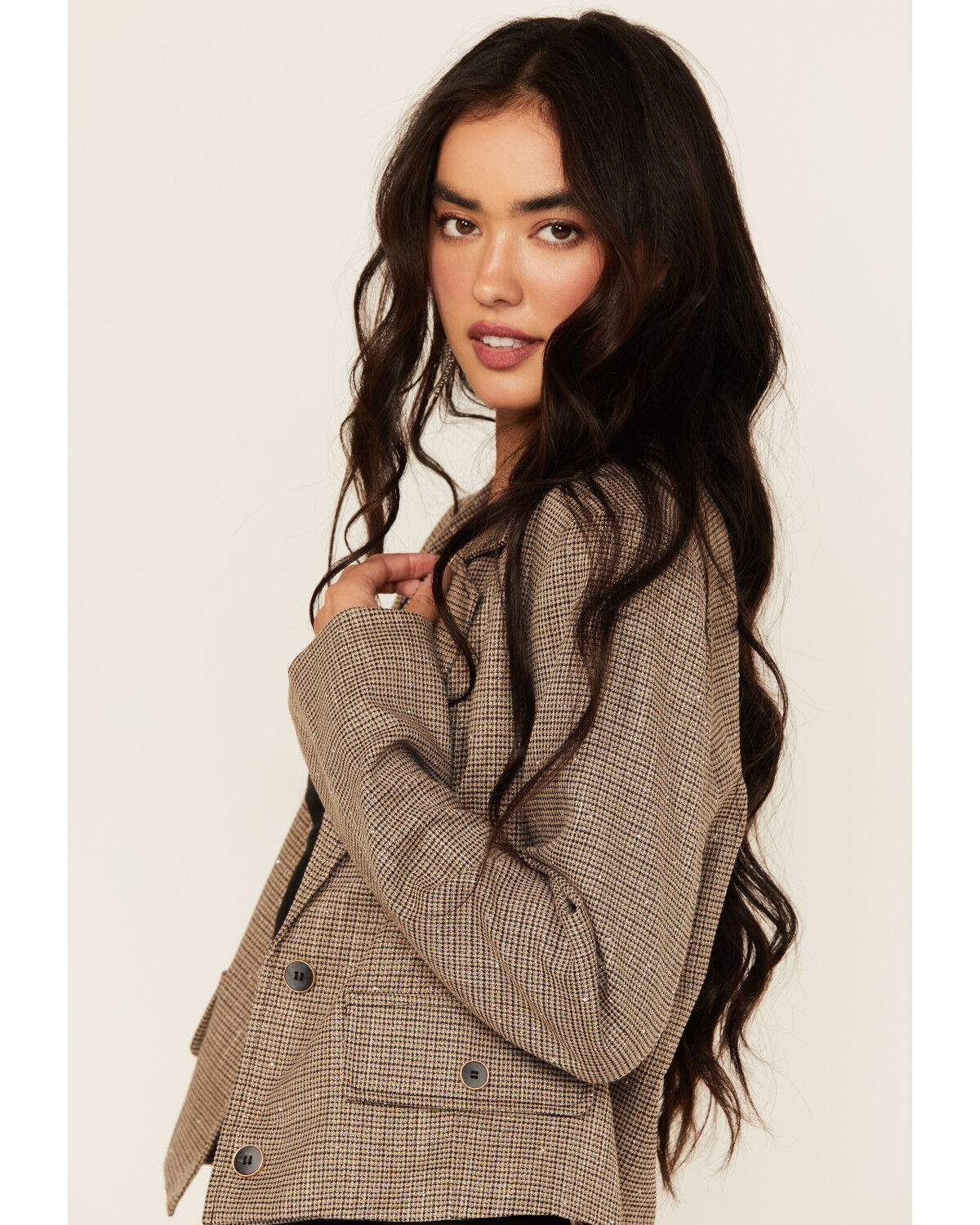 Mystree Women's Plaid Print Rhinestone Cropped Blazer