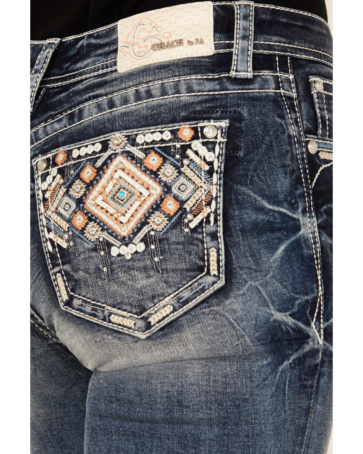 Grace In LA Women's Medium Wash Geo Print Embroidered Mid Rise Bootcut Stretch Denim Jeans