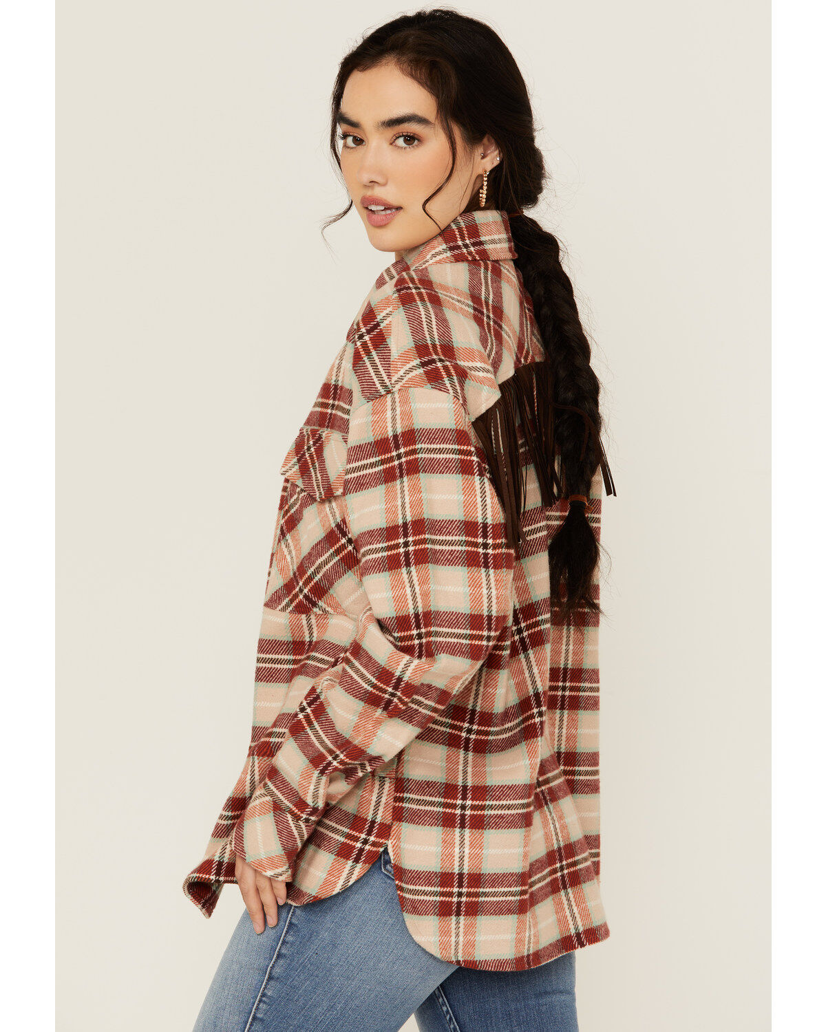 Rock & Roll Denim Women's Plaid Print Fringe Snap Shacket