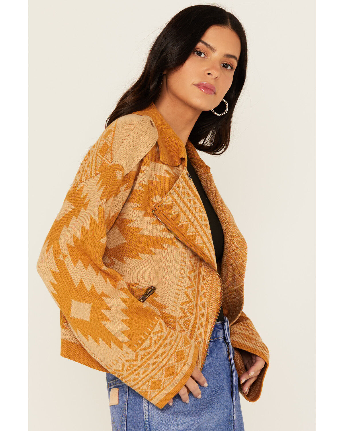 Miss Me Women's Southwestern Print Knit Moto Jacket