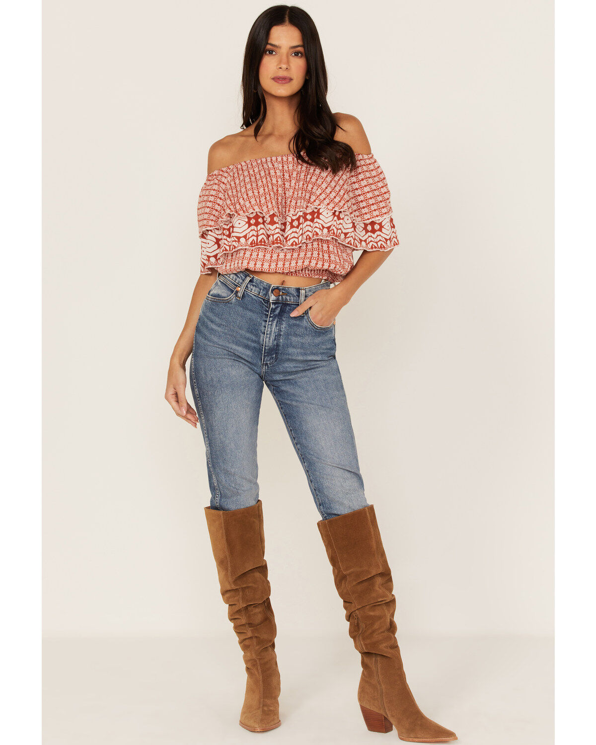 Talisman Women's Road Trip Print Ruffle Off-Shoulder Cropped Top