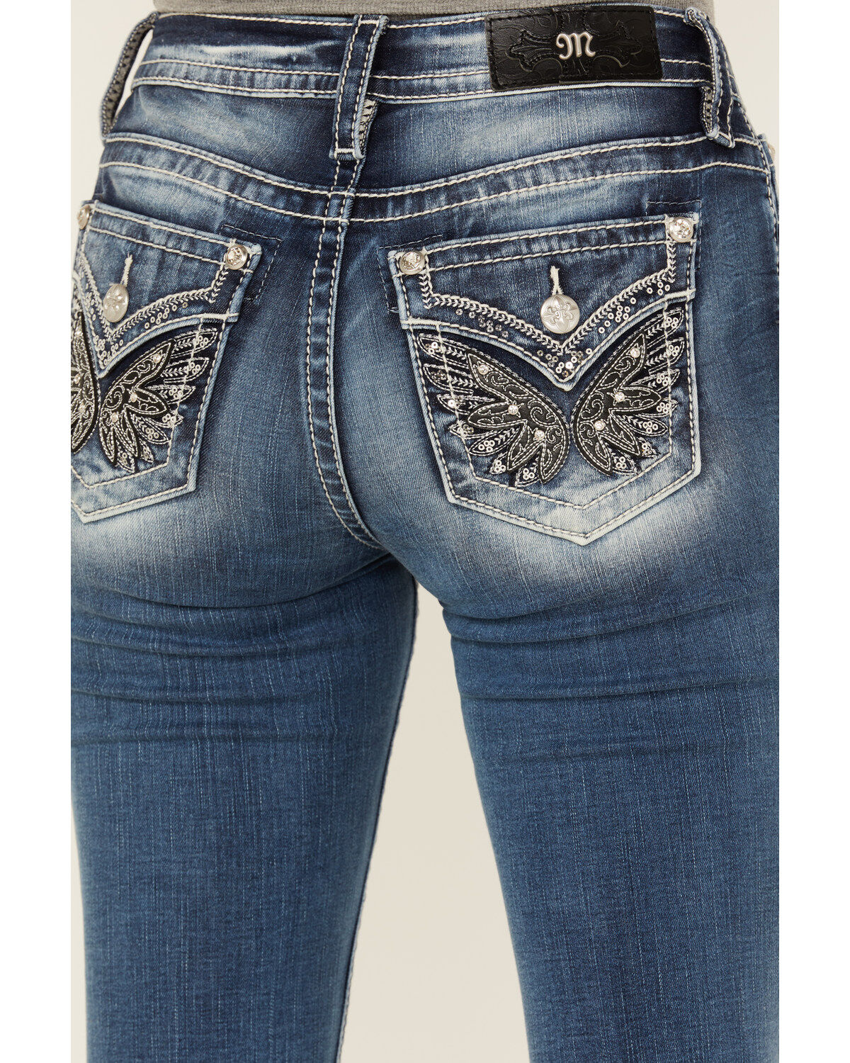 Miss Me Women's Medium Wash Mid Rise Wing Pocket Stretch Bootcut Jeans