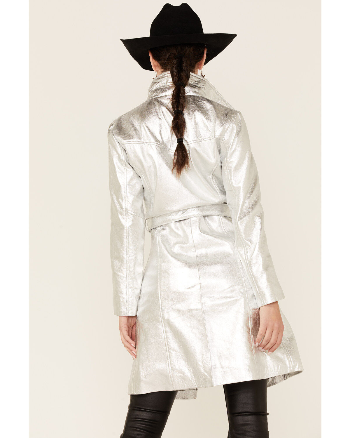 Understated Leather Women's Silver Metallic Moondust Trench Coat