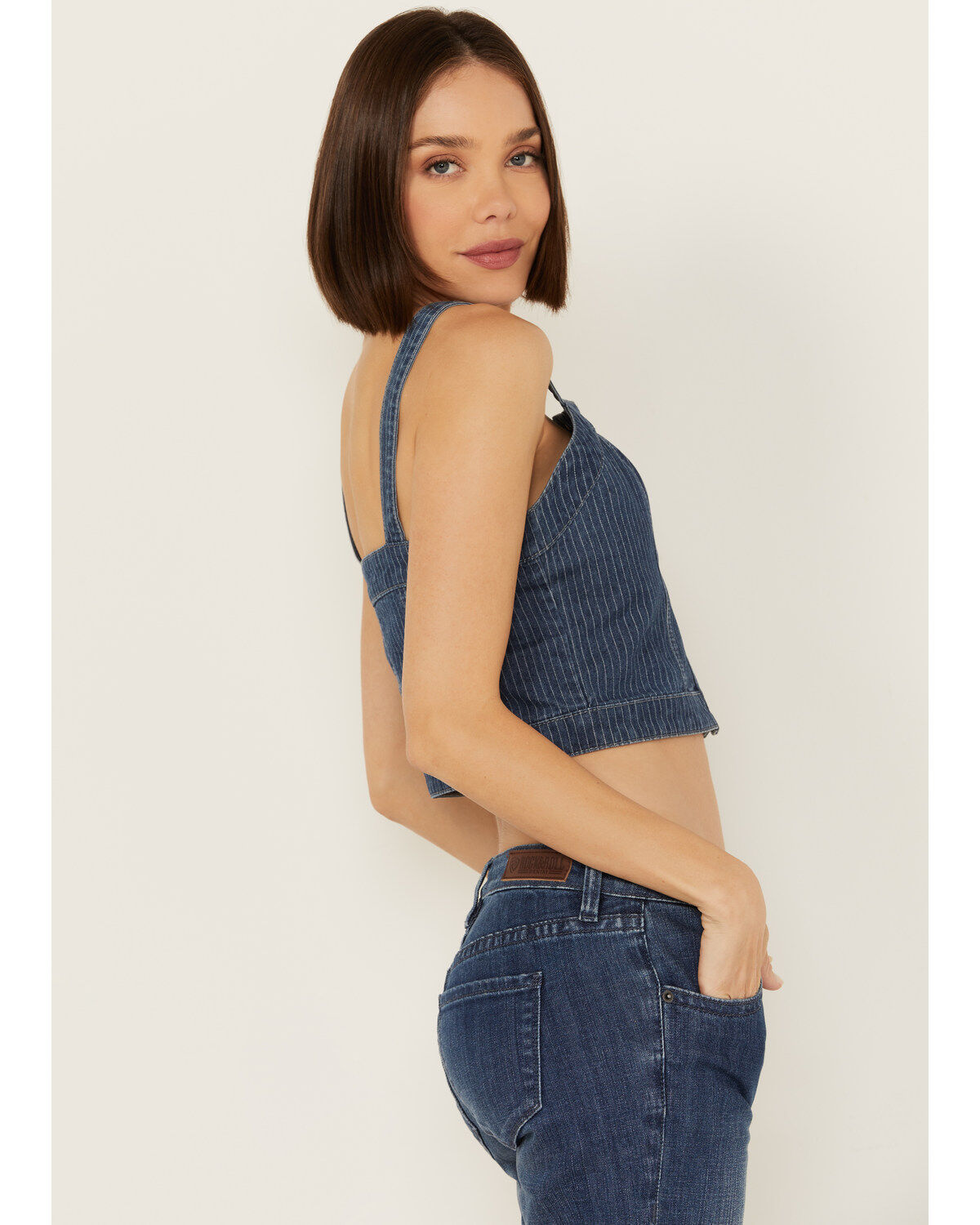Rock & Roll Denim Women's Dark Wash Pinstripe Denim Corset Crop Top