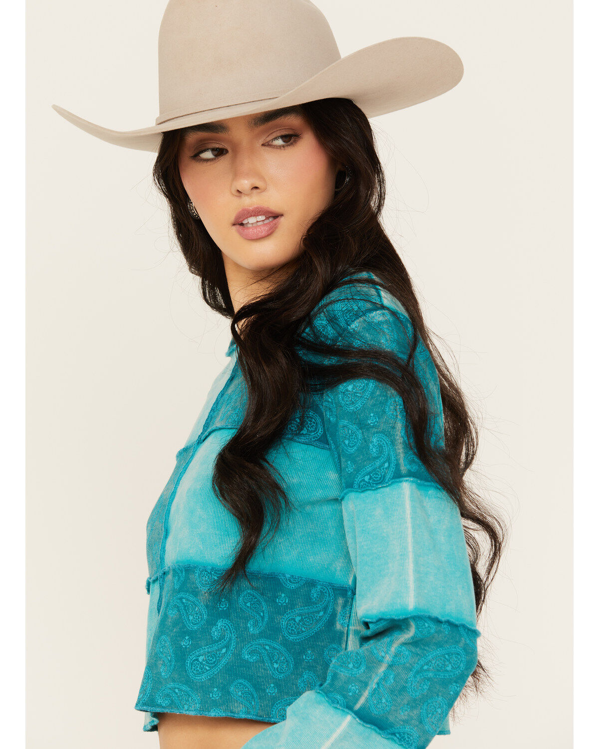 Rock & Roll Denim Women's Paisley Print Patchwork Long Sleeve Top