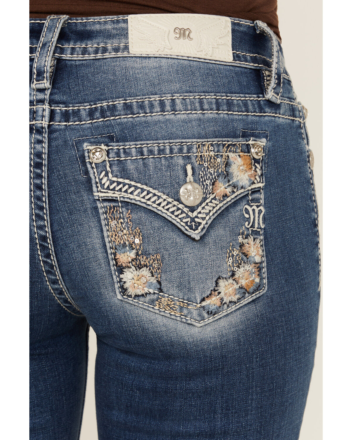 Miss Me Women's Medium Wash Floral Border Pocket Bootcut Stretch Denim Jeans