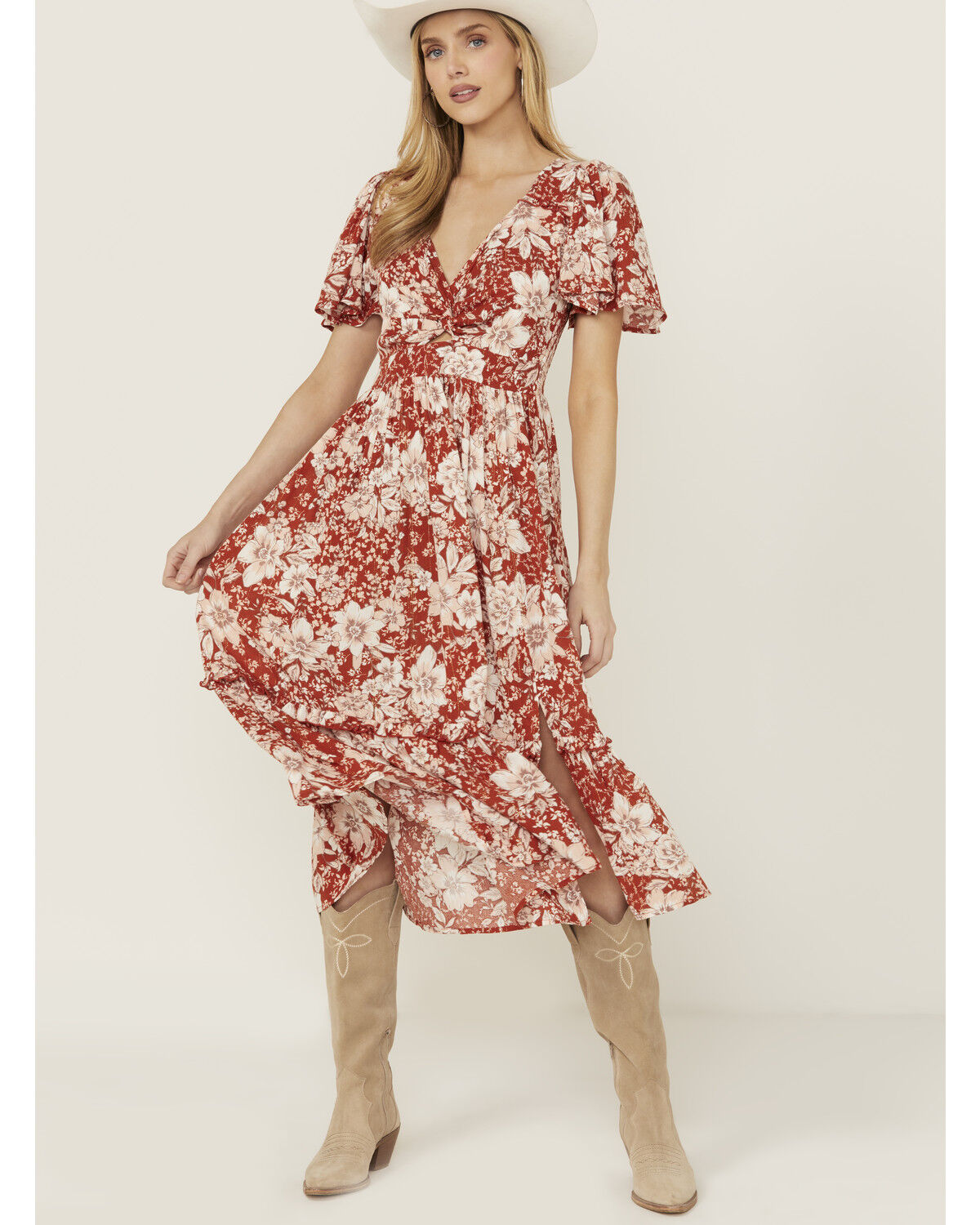 Wild Moss Women's Floral Print Short Sleeve Midi Dress