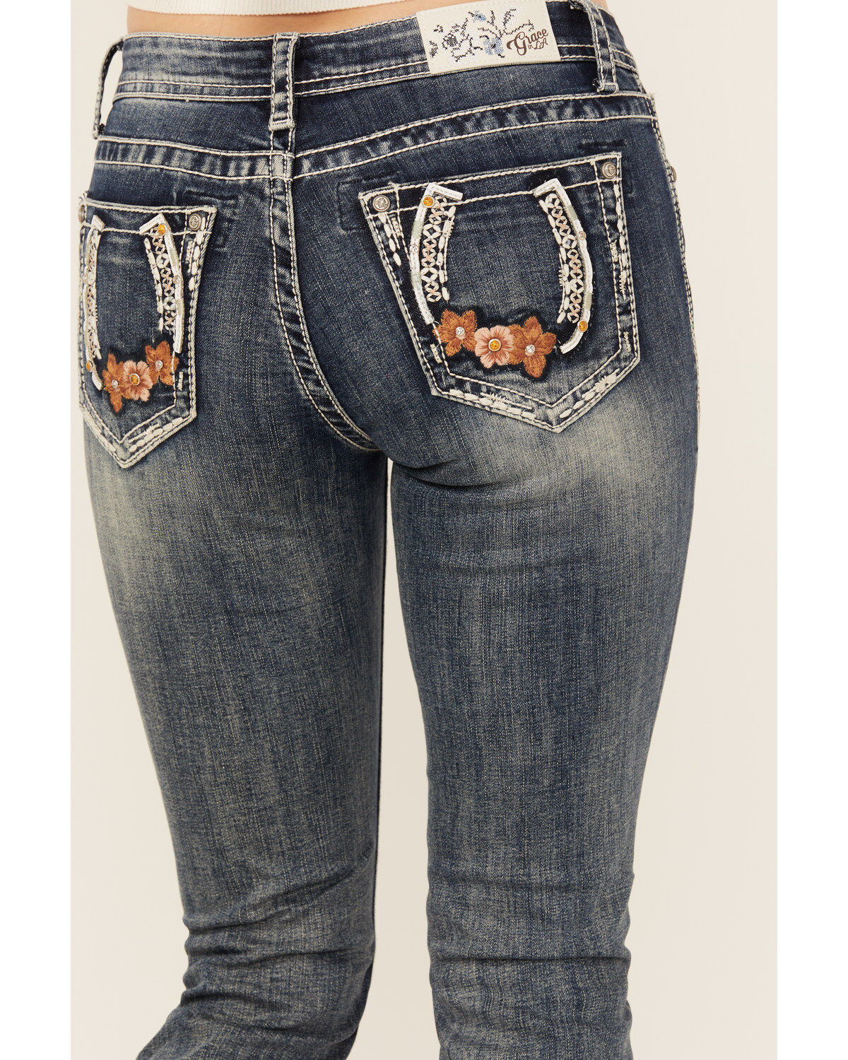 Grace In LA Women's Light Wash Floral Horseshoe Pocket Mid Rise Bootcut Stretch Denim Jeans