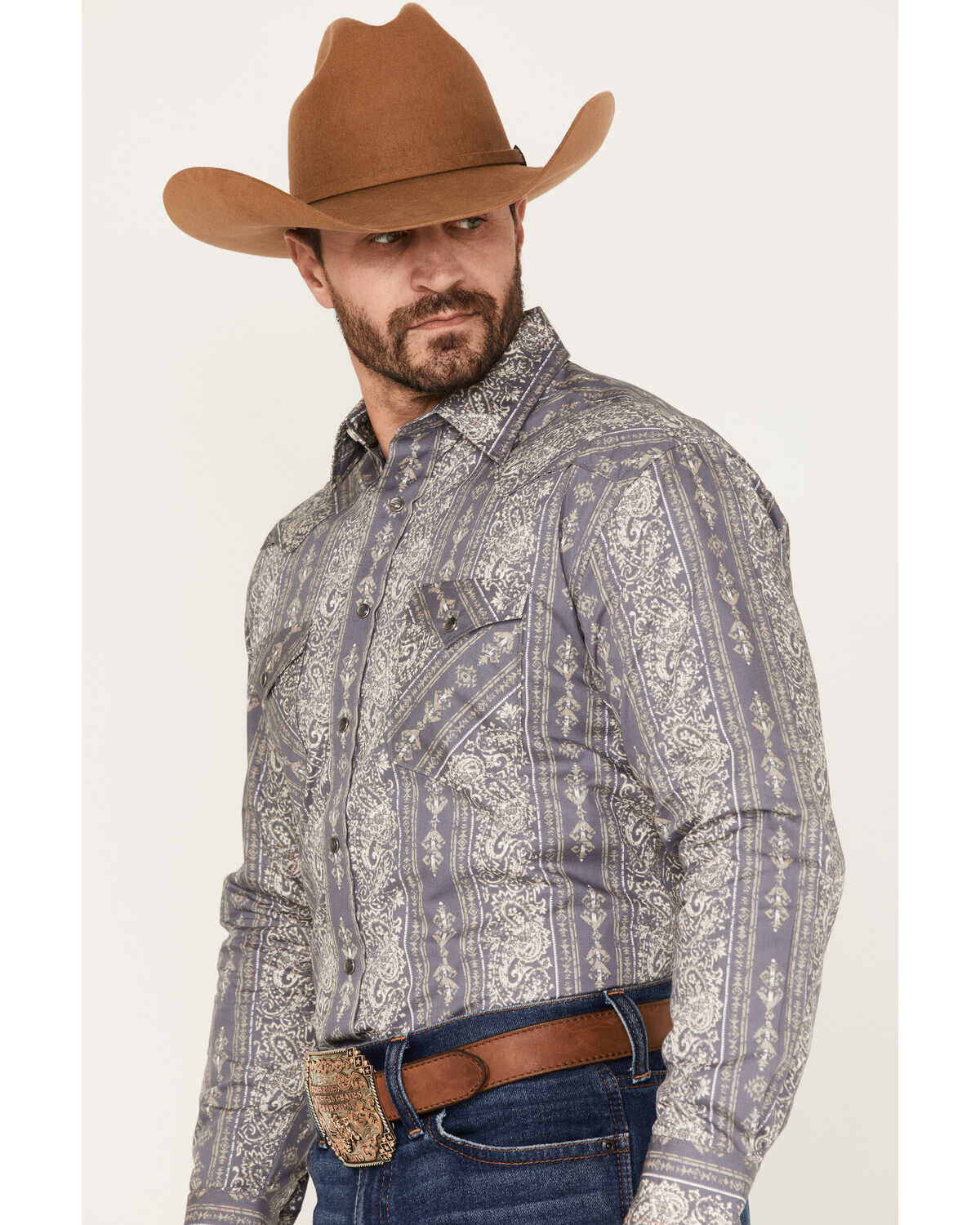 Rough Stock by Panhandle Men's Paisley Striped Long Sleeve Snap Western Shirt