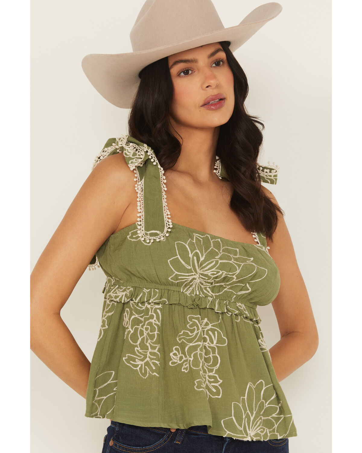 Wild Moss Women's Floral Embroidered Sleeveless Tie Strap Shirt