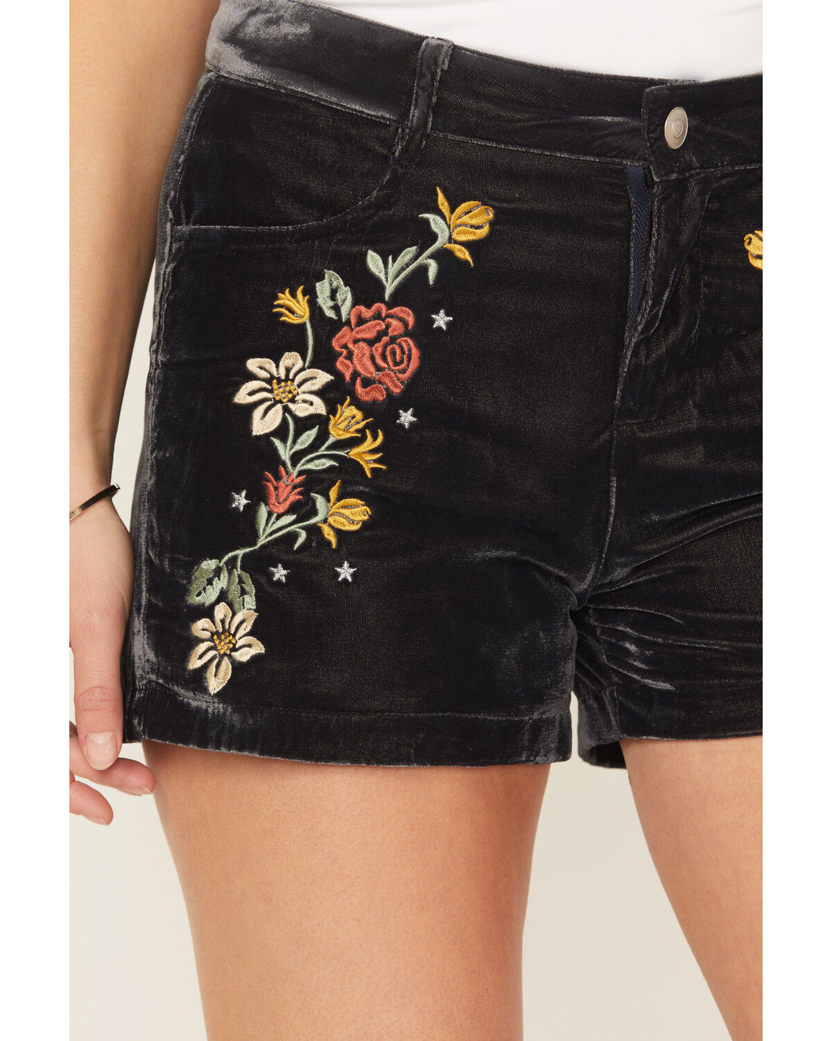 Rock & Roll Denim Women's High Rise Floral Embroidered Velvet Shorts