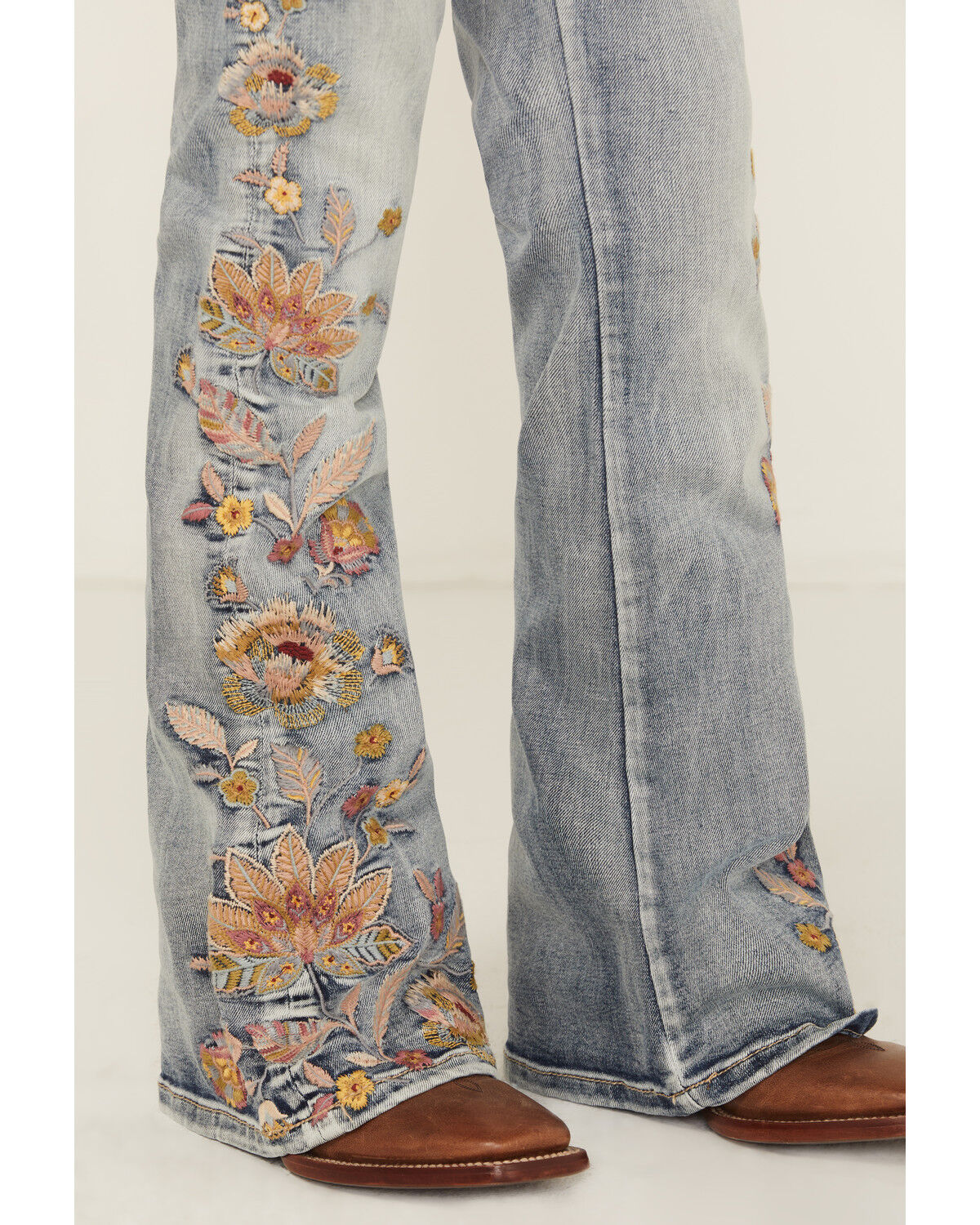 Grace in LA Girls' Light Wash Floral Embroidered Flare Denim Jeans