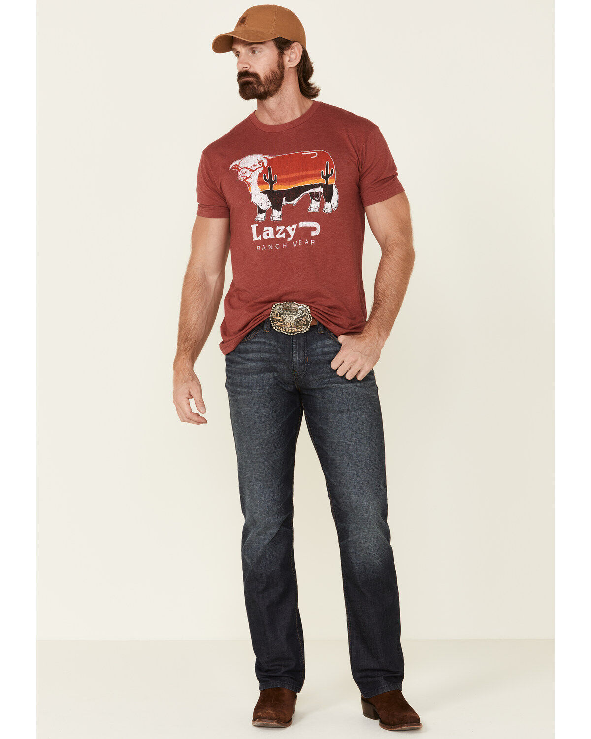 Lazy J Ranch Men's Red Logo Sunrise Graphic T-Shirt