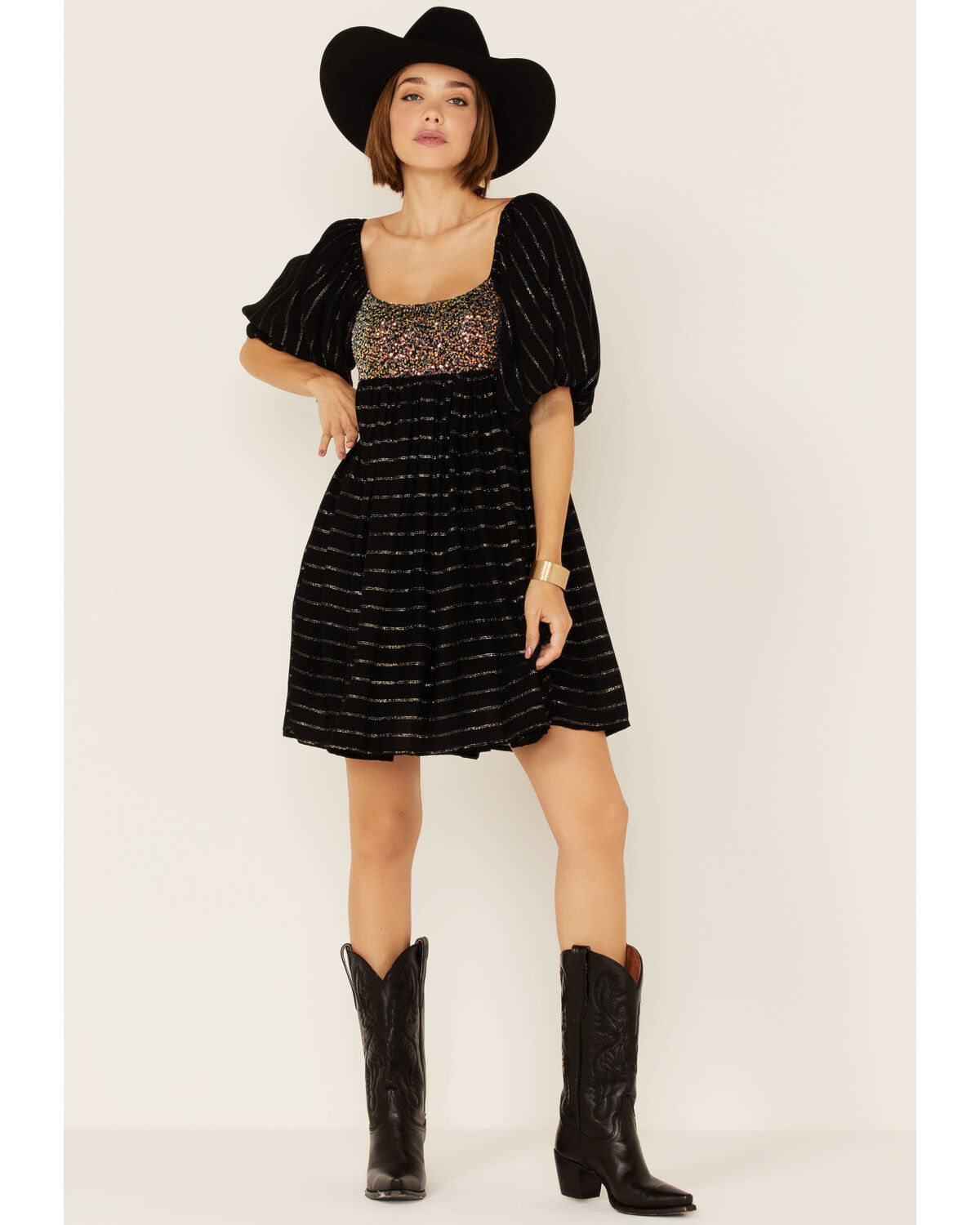 By Together Women's Sequin & Lurex Striped Babydoll Mini Dress