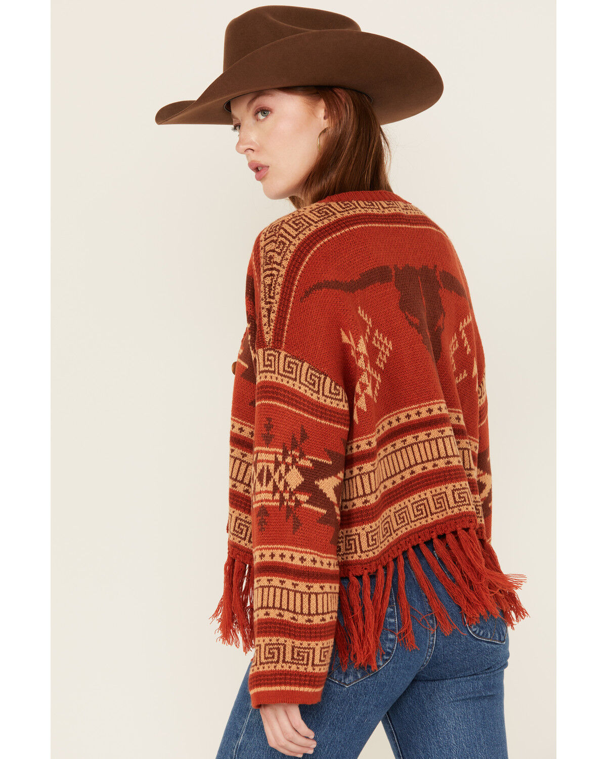 Rock & Roll Denim Women's Southwestern Print Fringe Cardigan