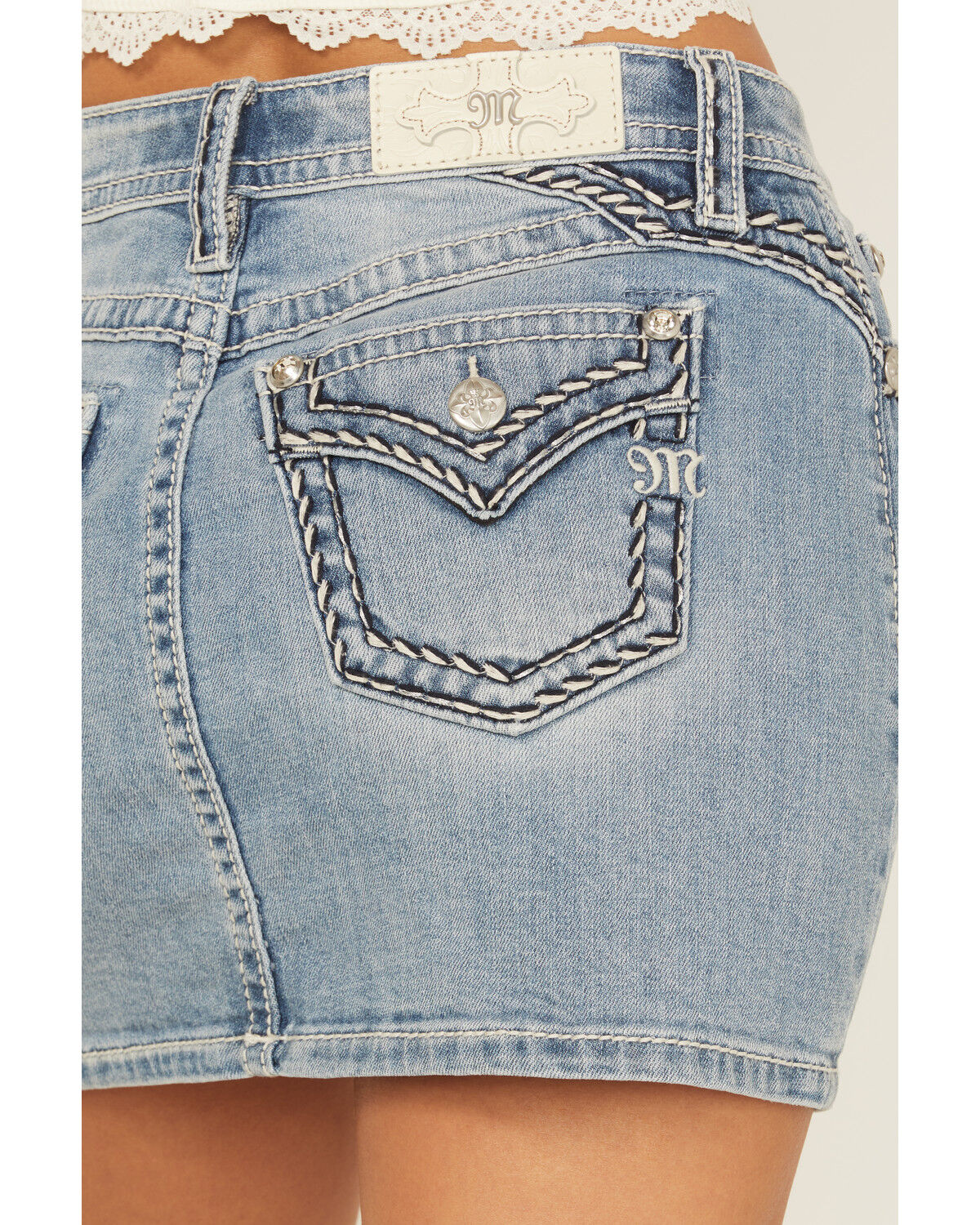 Miss Me Women's Light Wash Mid Rise Embroidered Denim Stretch Mini Skirt