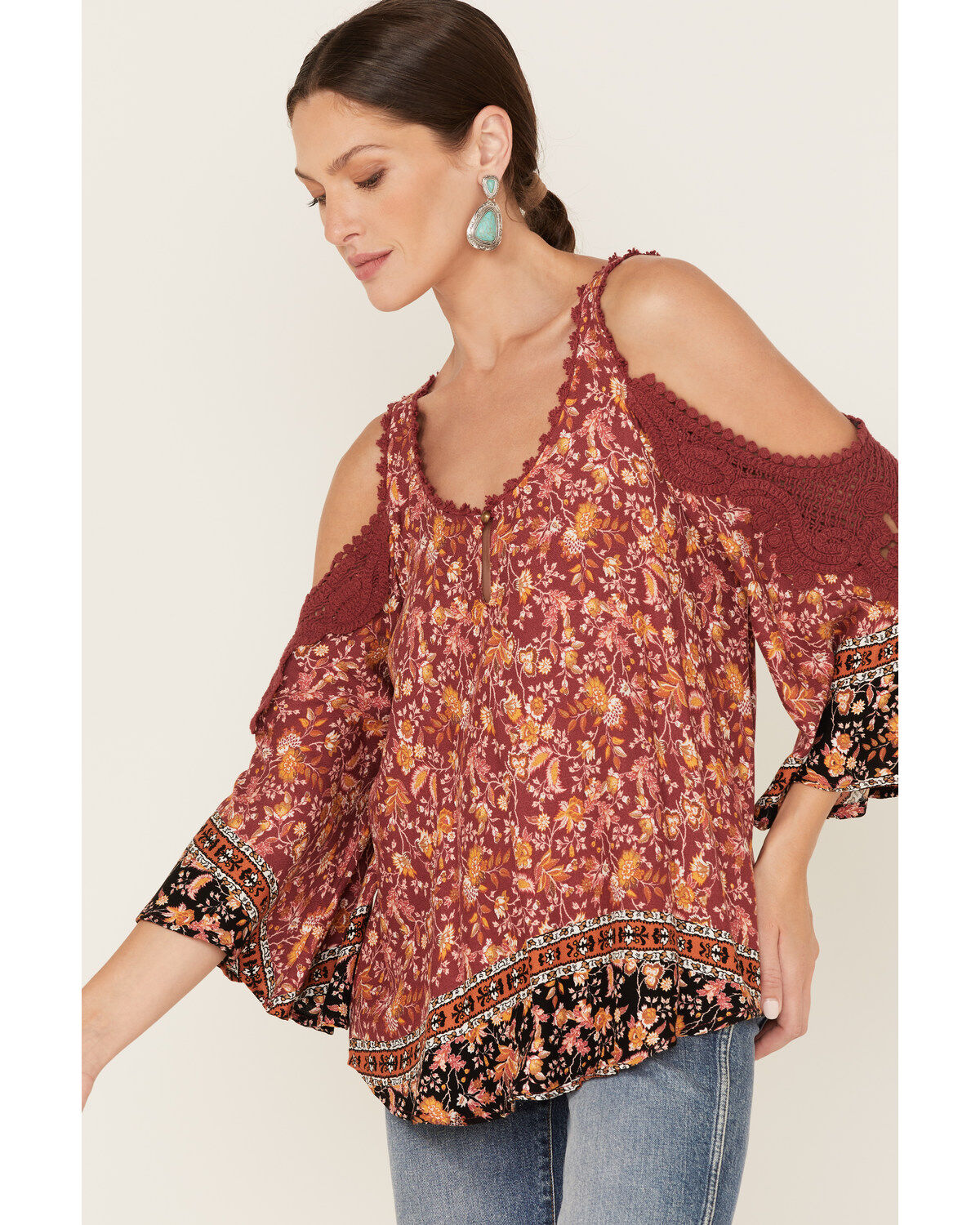 Wild Moss Women's Floral Print Cold Shoulder Top