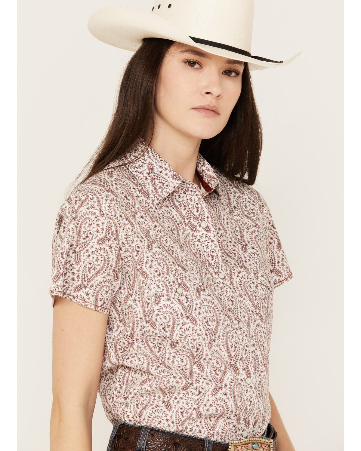 Rough Stock by Panhandle Women's Paisley Print Stretch Short Sleeve Western Snap Shirt
