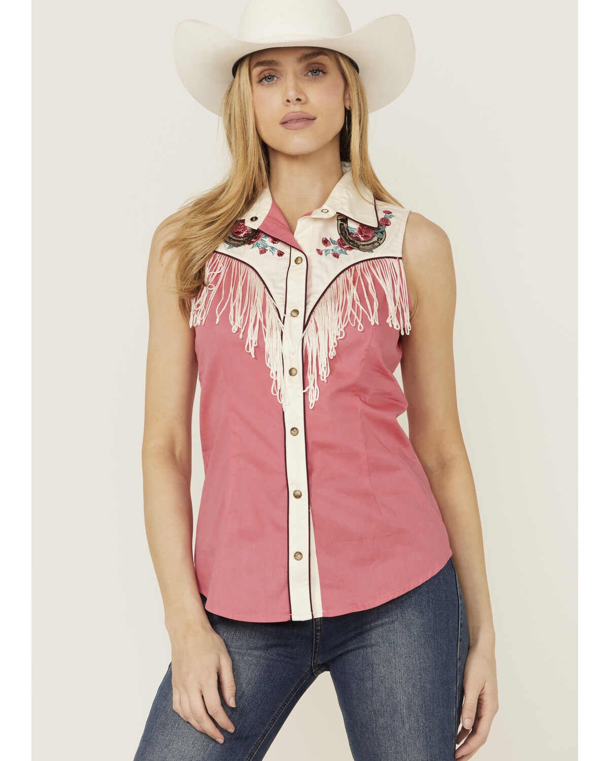 Rock & Roll Denim Women's Horseshoe Floral Fringe Sleeveless Snap Western Shirt