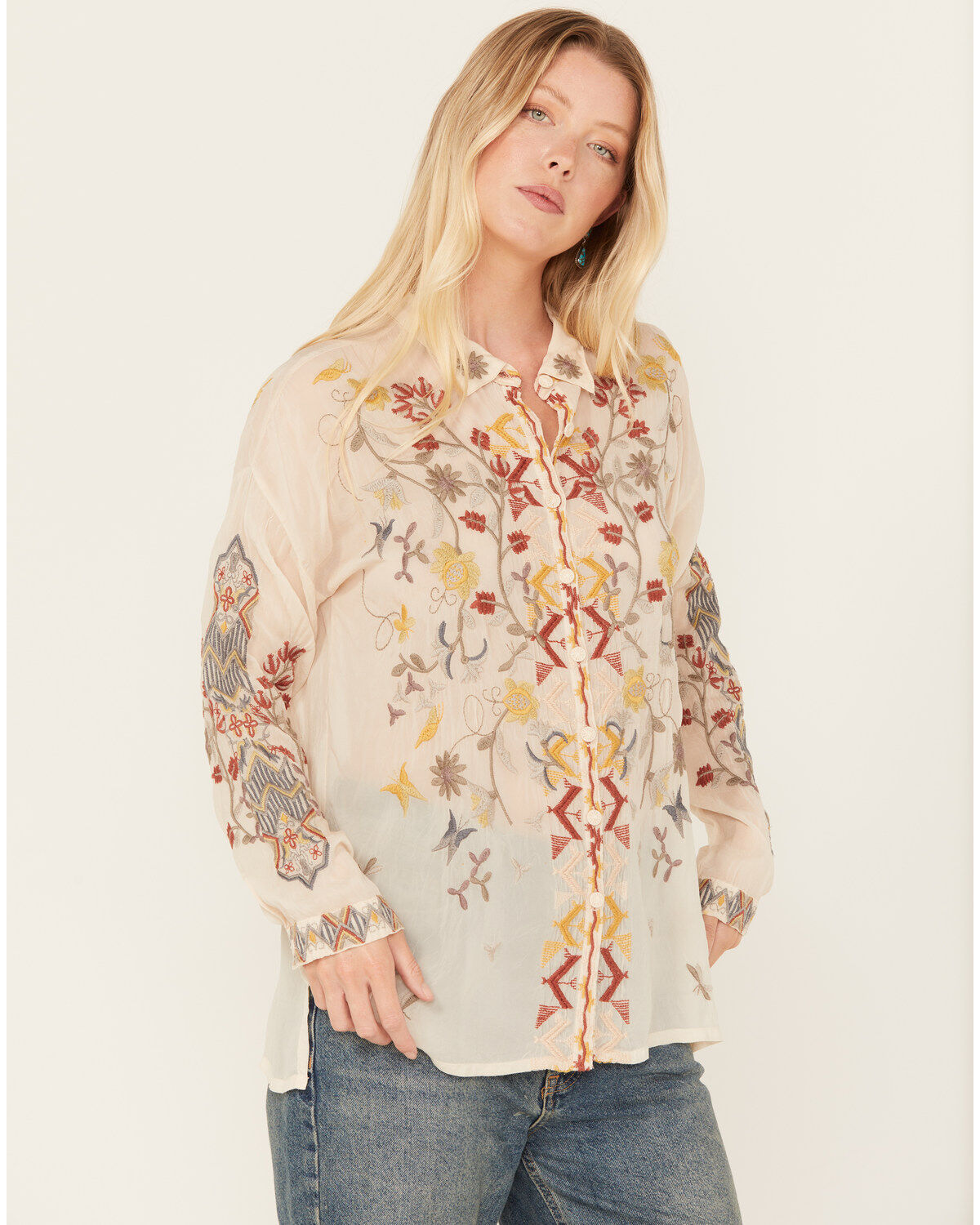 Johnny Was Women's Long Sleeve Floral Embroidered Blouse