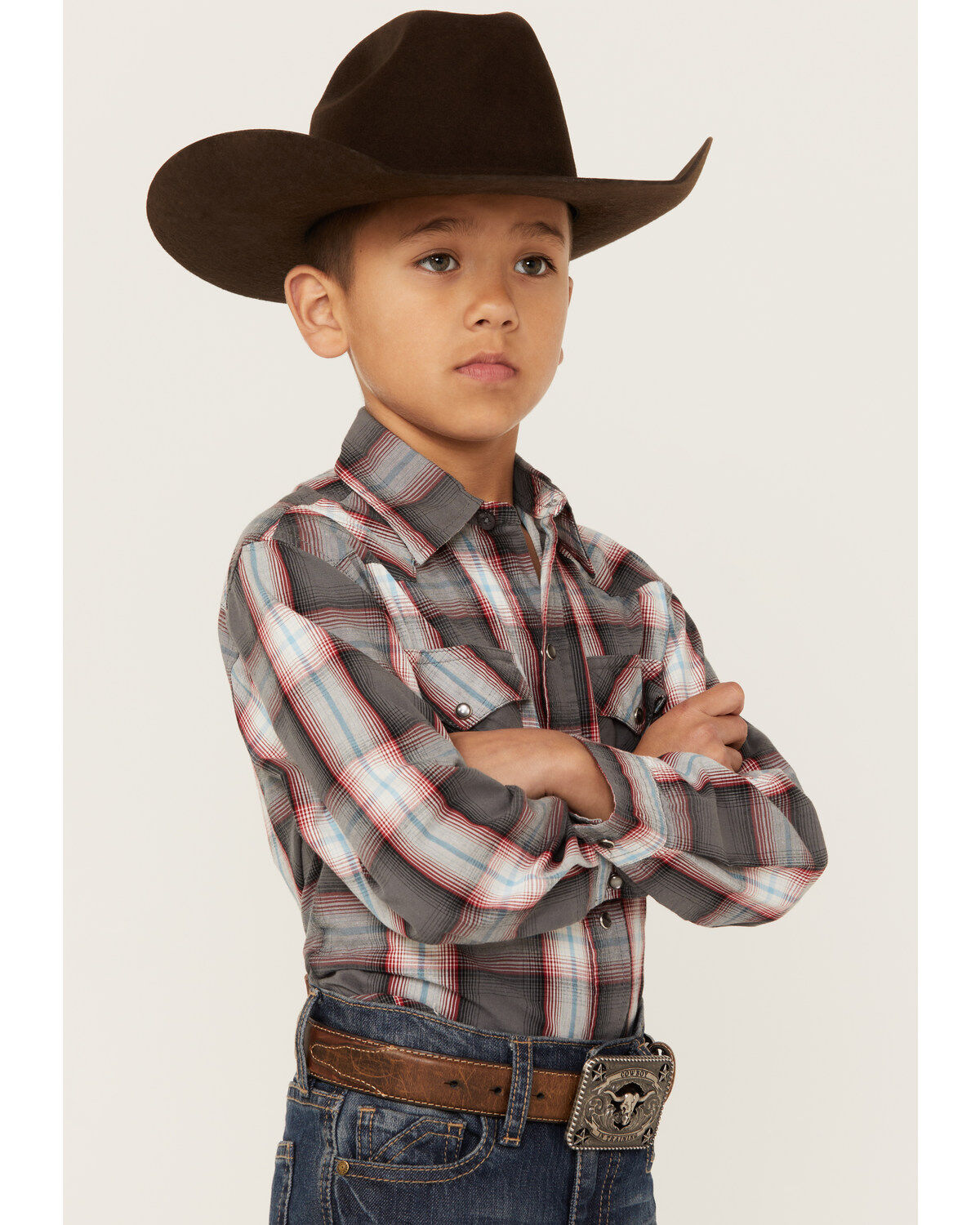 Roper Boys' Plaid Print Long Sleeve Western Pearl Snap Shirt