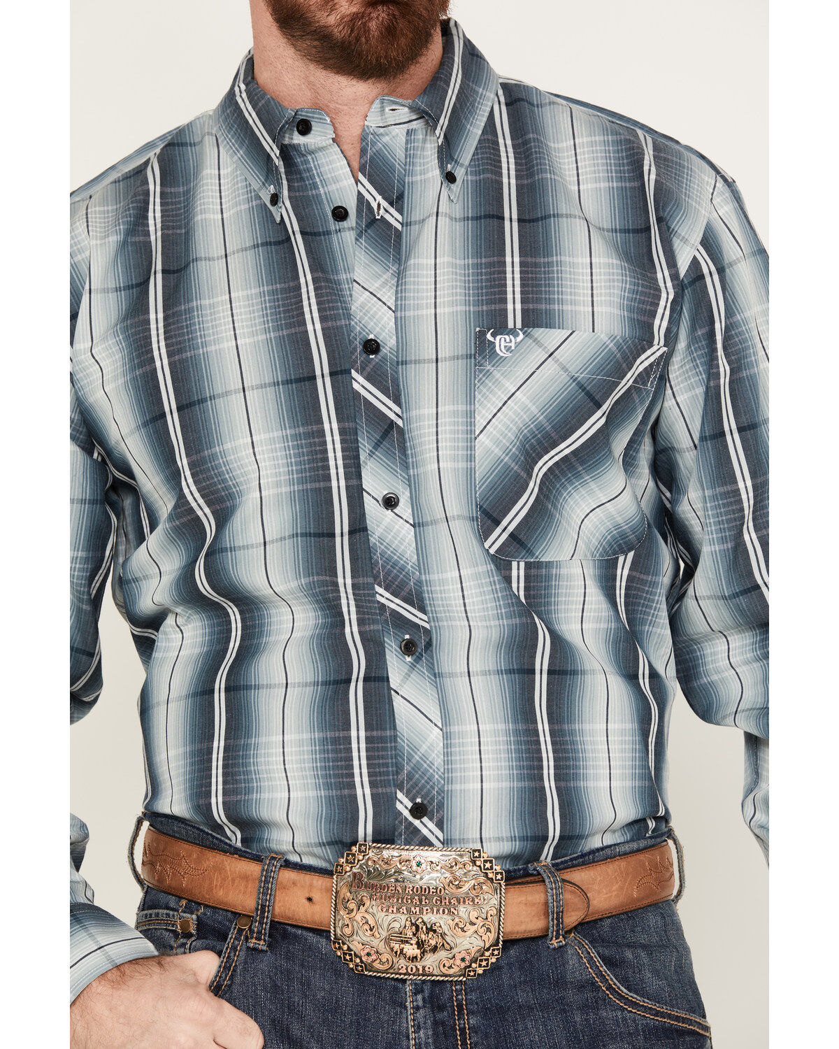 Cowboy Hardware Men's Gradient Plaid Print Long Sleeve Button Down Western Shirt