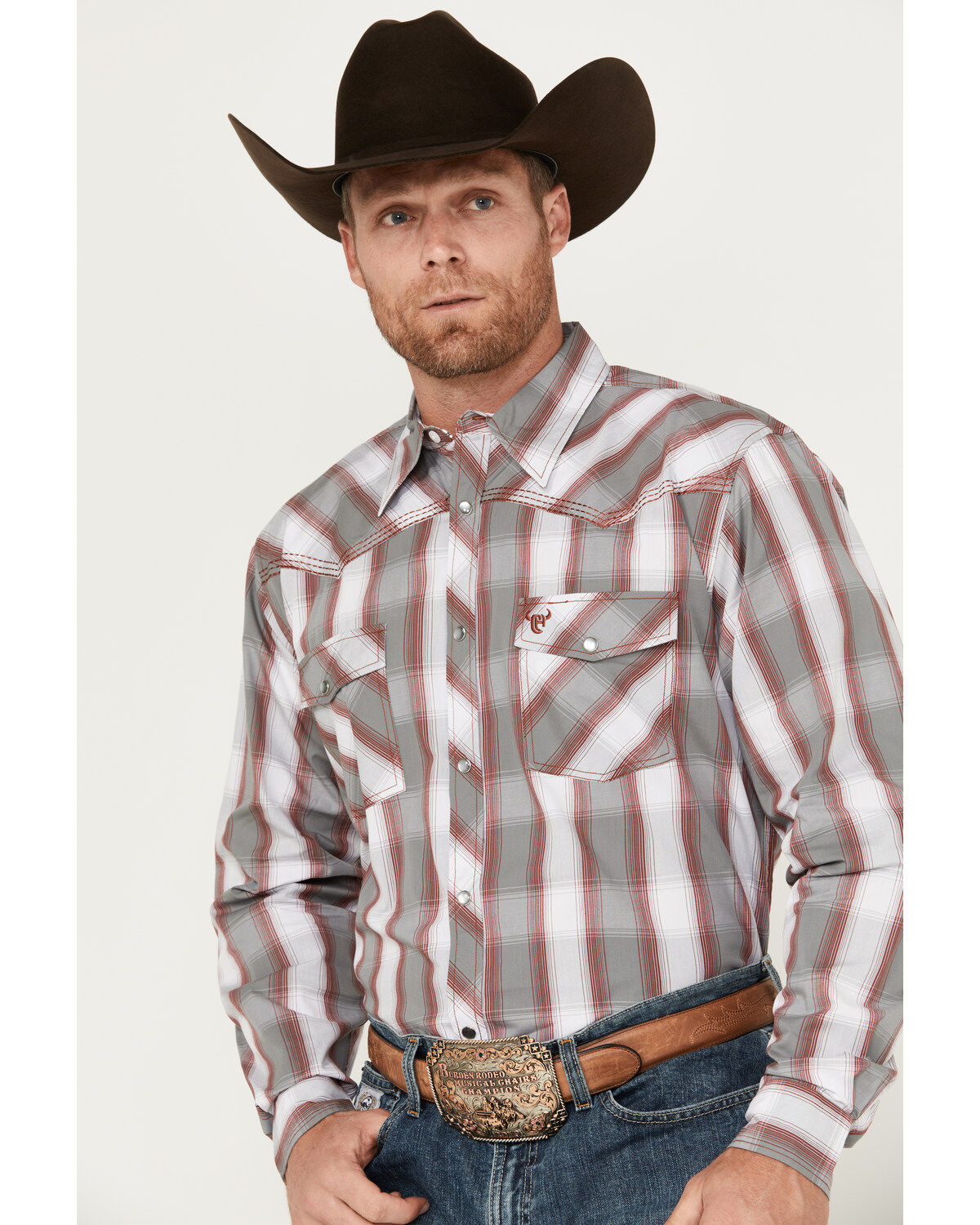 Cowboy Hardware Men's Hombre Plaid Print Long Sleeve Pearl Snap Western Shirt