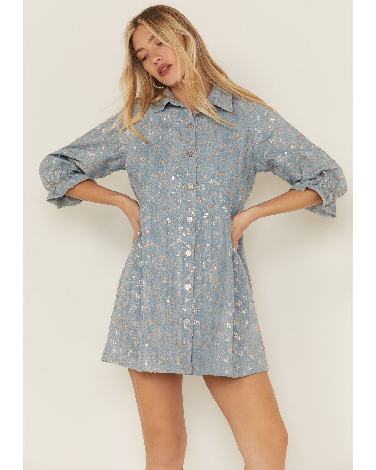 Blue B Women's Denim Sequins Mini Dress