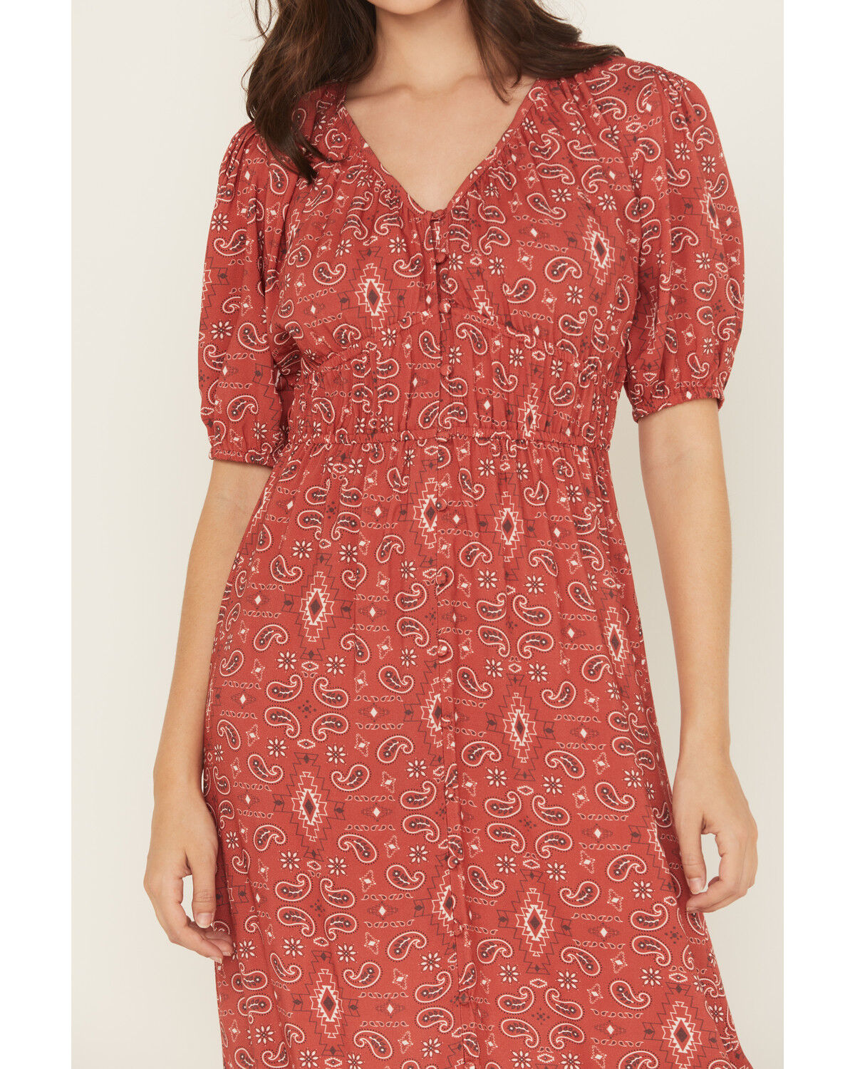 Panhandle Women's Paisley Print Puff Sleeve Midi Dress