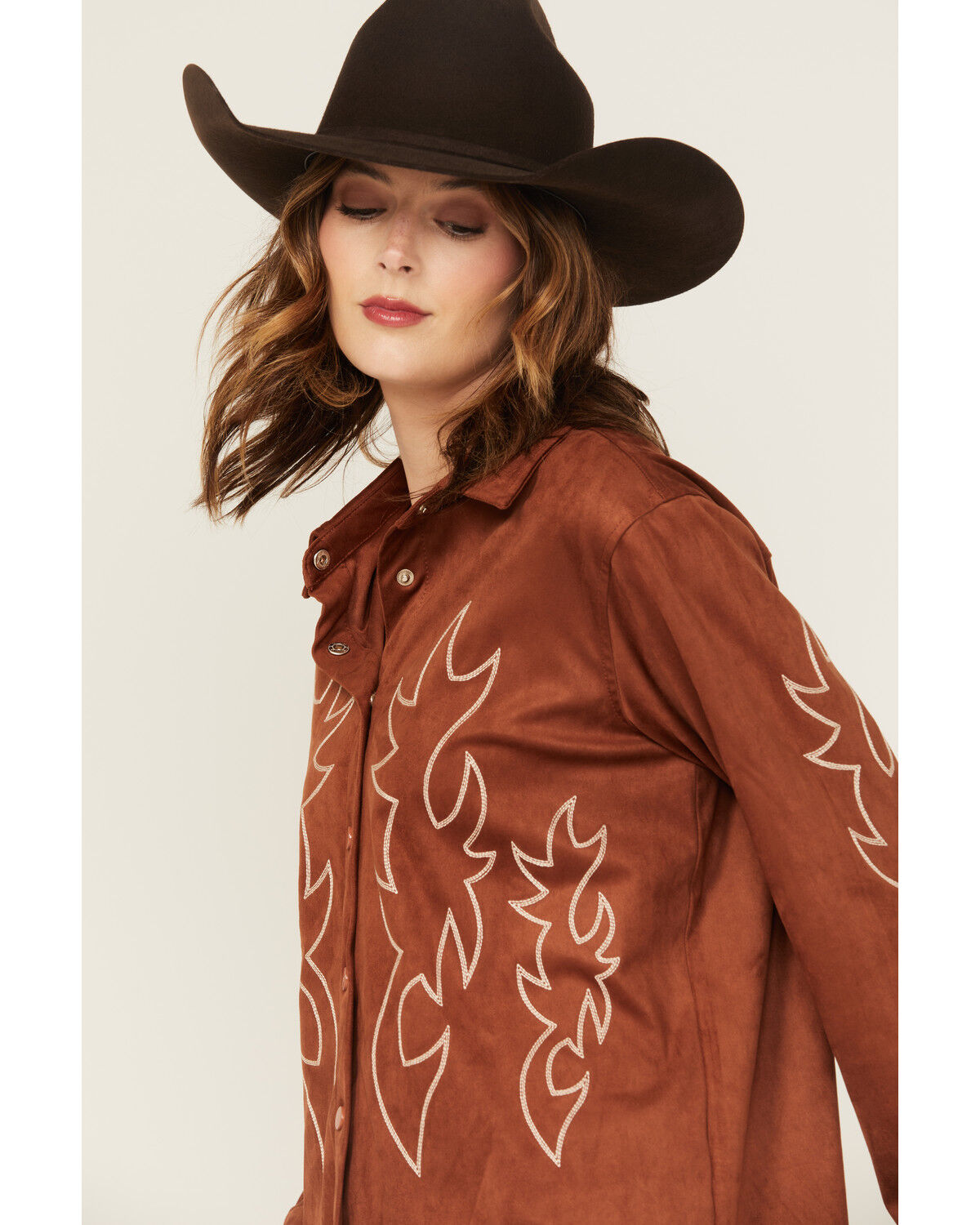 Blue B Women's Western Embroidered Faux Suede Long Sleeve Snap Shirt