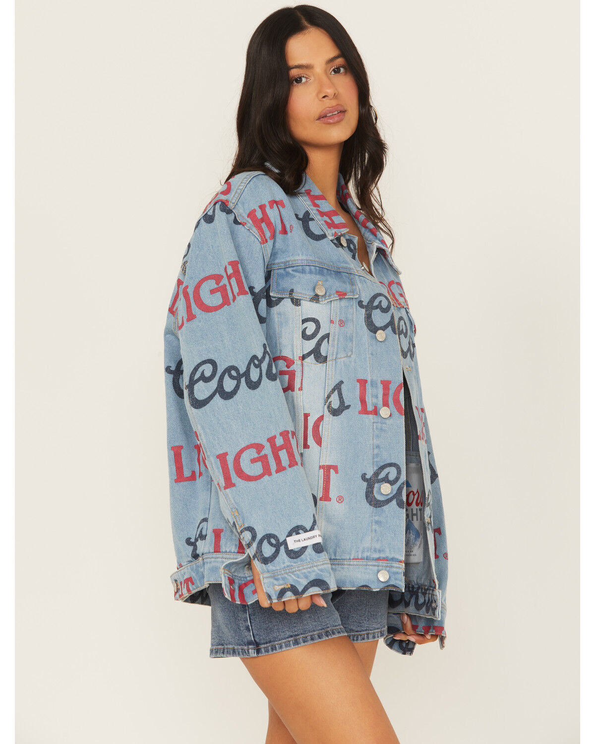 The Laundry Room Women's Medium Wash Coors Light Logo Print Denim Jacket