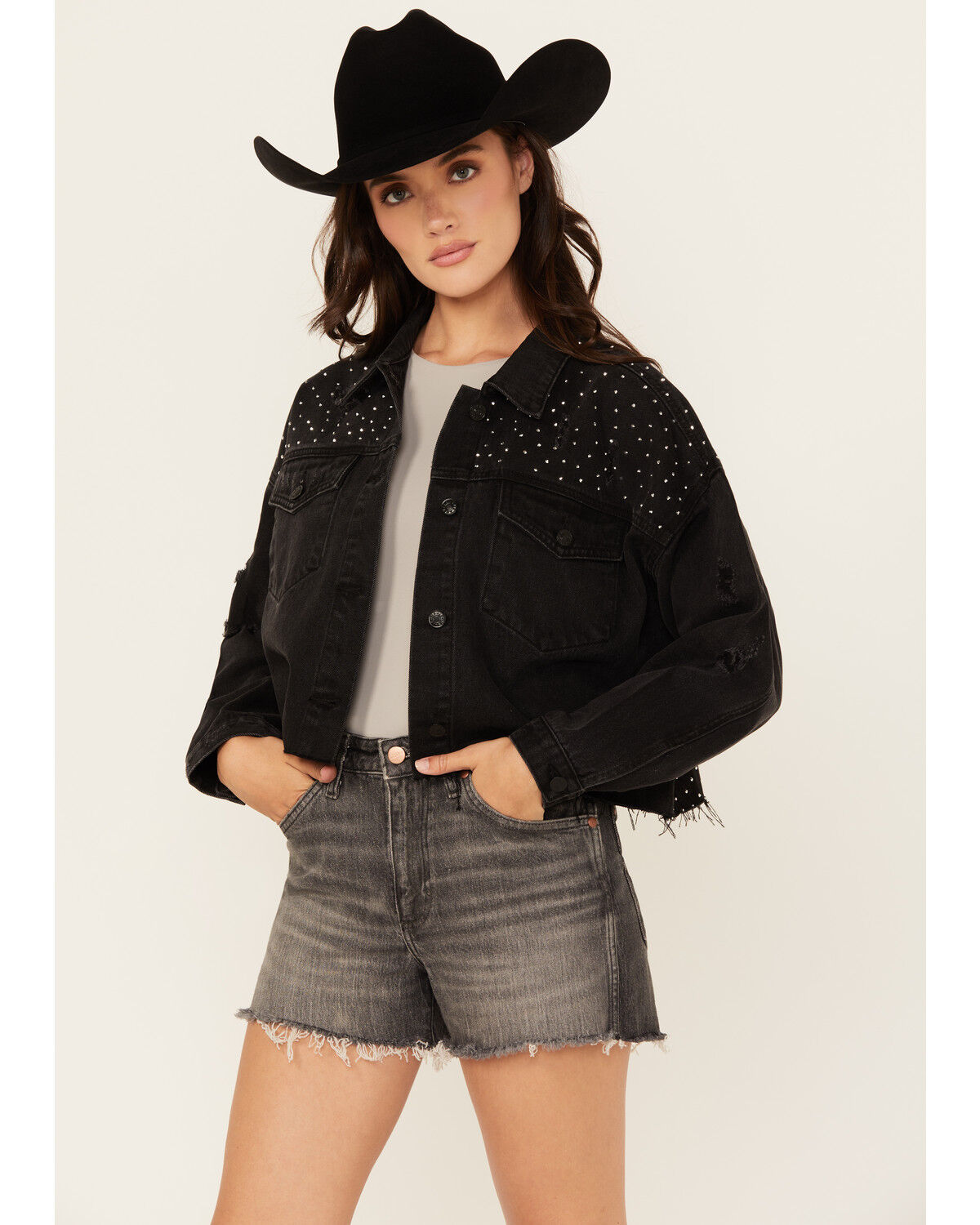 Blue B Women's Rhinestone Studded Cropped Denim Jacket