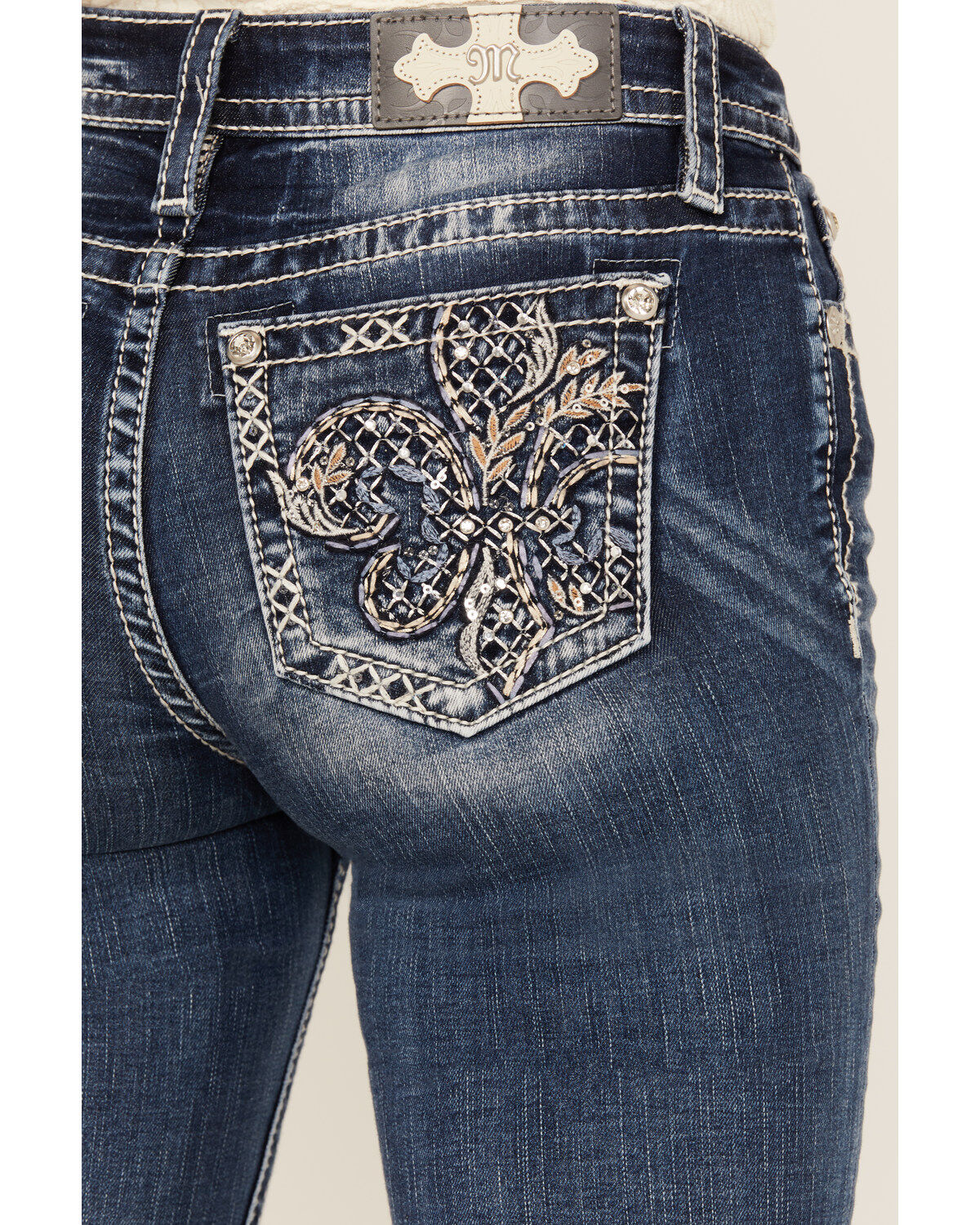 Miss Me Women's Dark Wash Mid Rise Fleur de Lis Bootcut Stretch Denim Jeans
