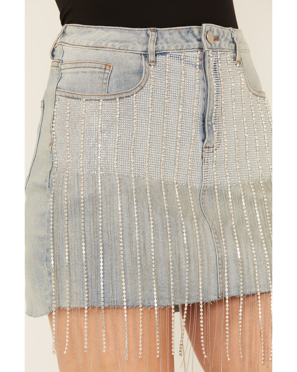 Blue B Women's Light Wash Fringe Mini Denim Skirt